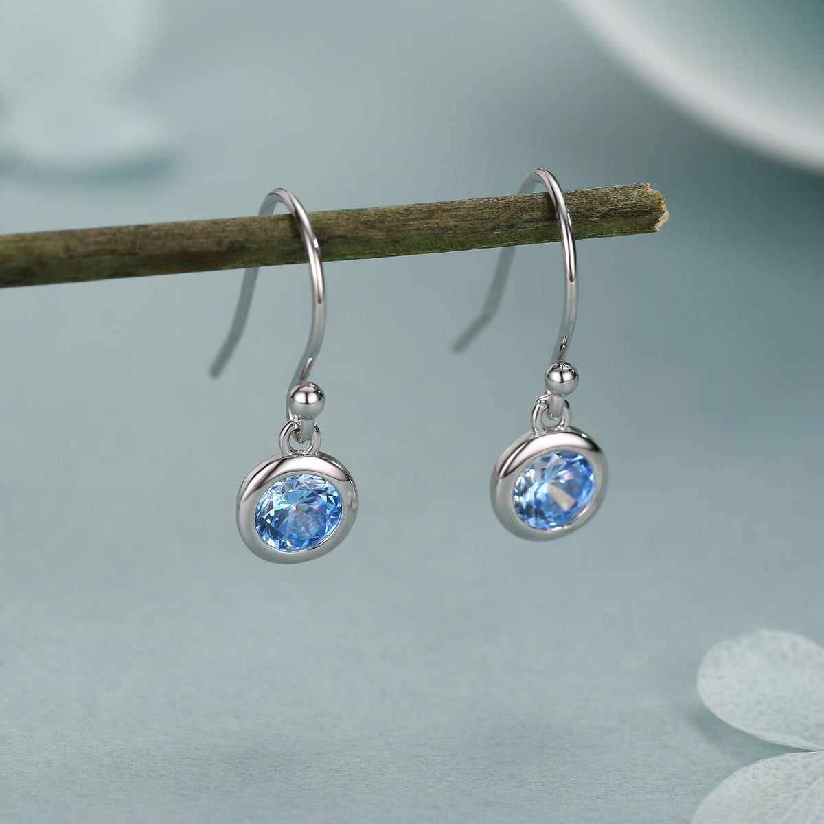 Tiny Aquamarine Blue CZ Drop Earrings in Sterling Silver