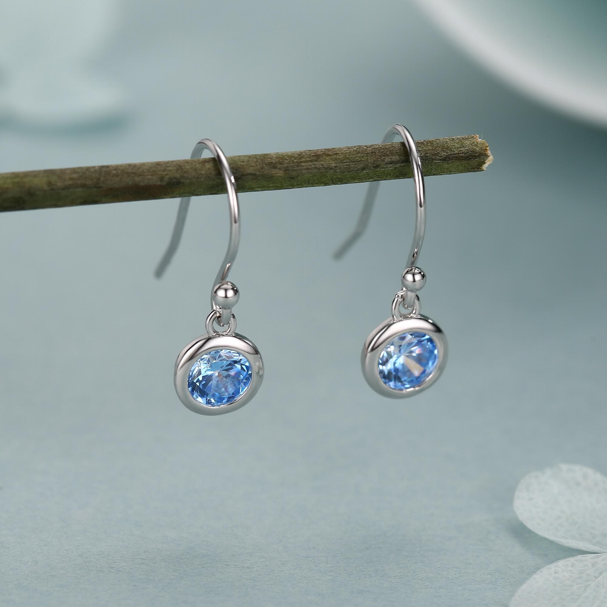 Tiny Aquamarine Blue CZ Drop Earrings in Sterling Silver