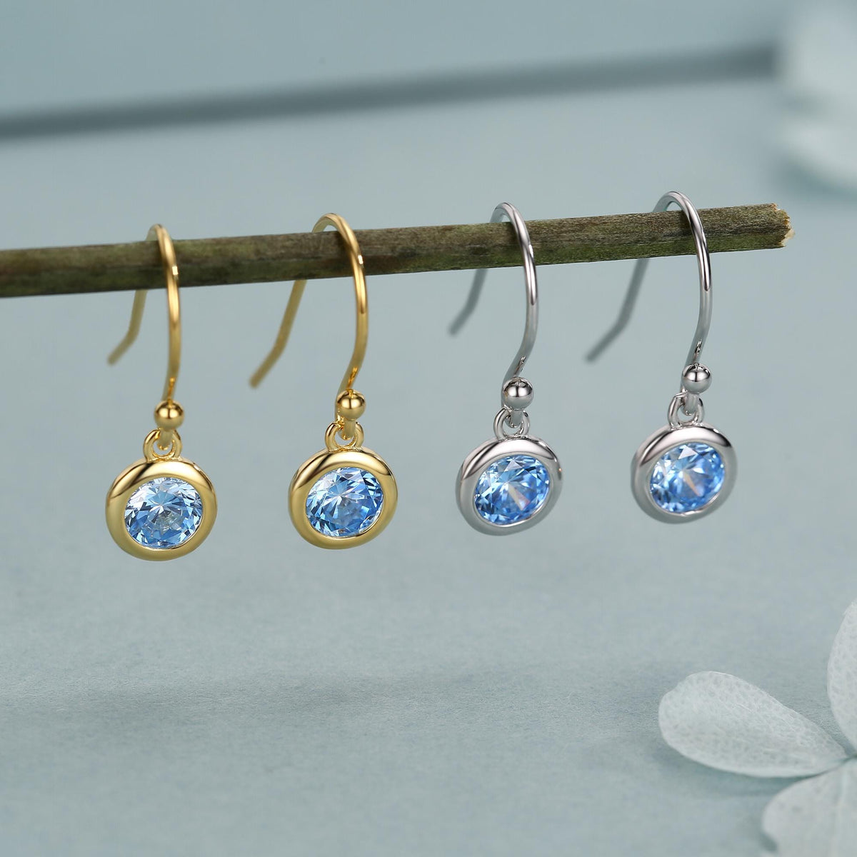 Tiny Aquamarine Blue CZ Drop Earrings in Sterling Silver