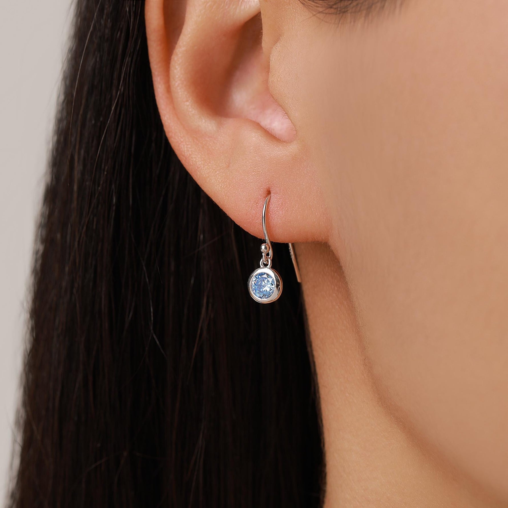 Tiny Aquamarine Blue CZ Drop Earrings in Sterling Silver