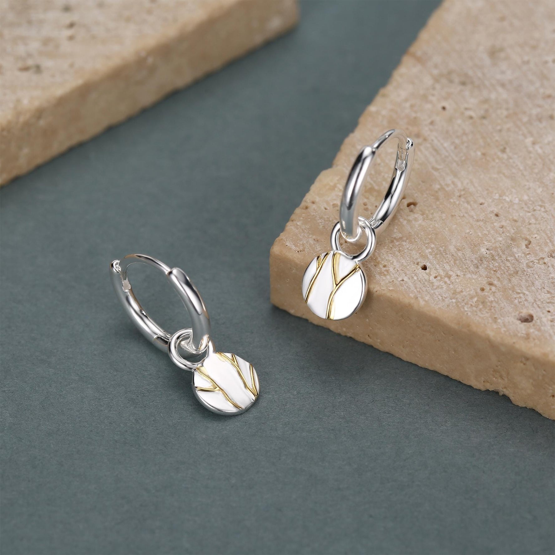 Sterling Silver Japanese Kintsugi Inspired Hoop Charm Earrings