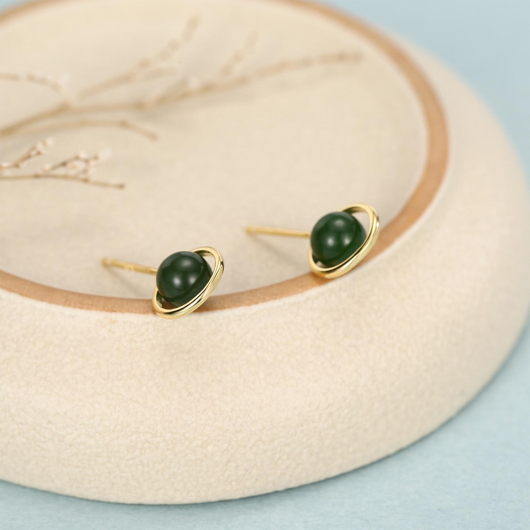 Genuine Jade Crystal Planet Stud Earrings in Sterling Silver, Green Jade Planet Halo Earrings, Jade Saturn Earrings