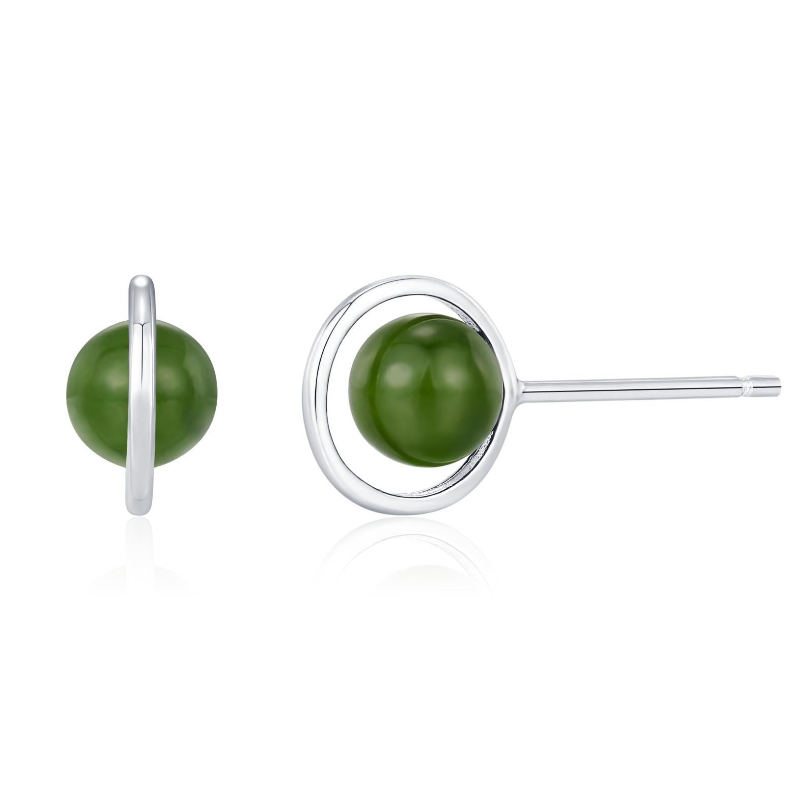 Genuine Jade Crystal Planet Stud Earrings in Sterling Silver, Green Jade Planet Halo Earrings, Jade Saturn Earrings