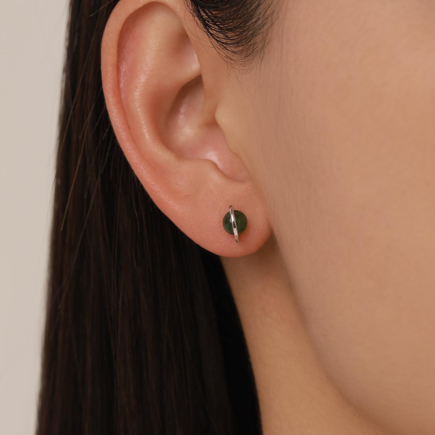 Genuine Jade Crystal Planet Stud Earrings in Sterling Silver, Green Jade Planet Halo Earrings, Jade Saturn Earrings
