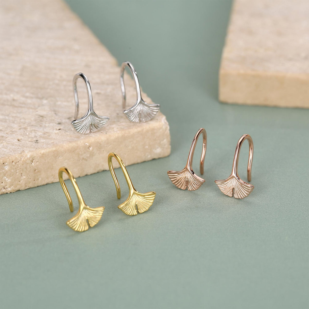 Tiny Ginkgo Leaf Drop Hook Earrings in Sterling Silver, Silver, Gold or Rose Gold, Small Leaf Earrings, Cute Leaf Earrings
