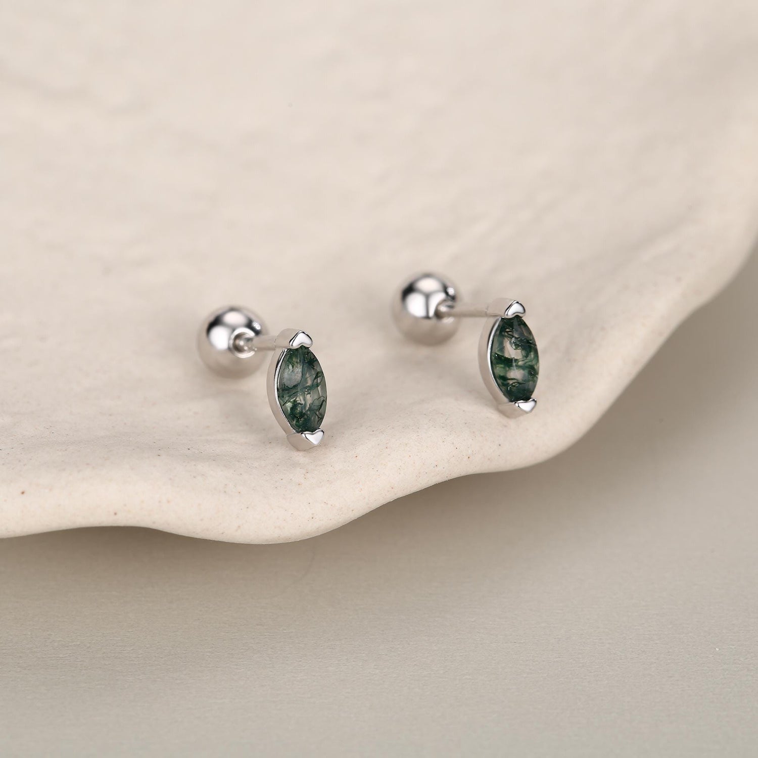 Sterling Silver Moss Agate Marquise 18G Screw Back Earrings