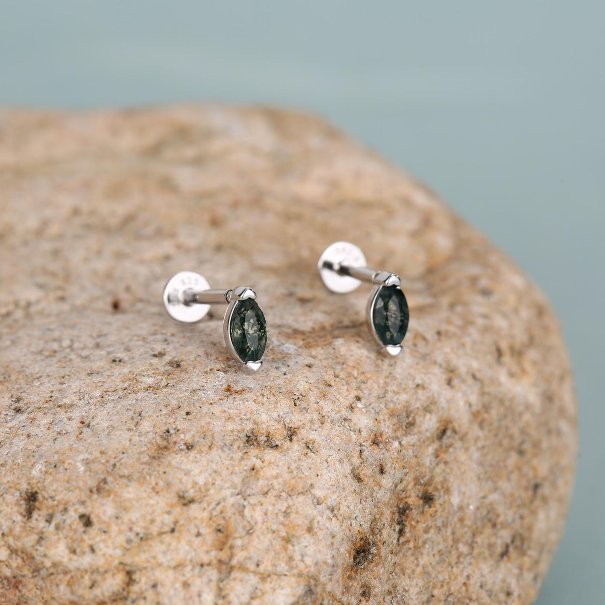 Sterling Silver Moss Agate Marquise 16G Flat Back Earrings