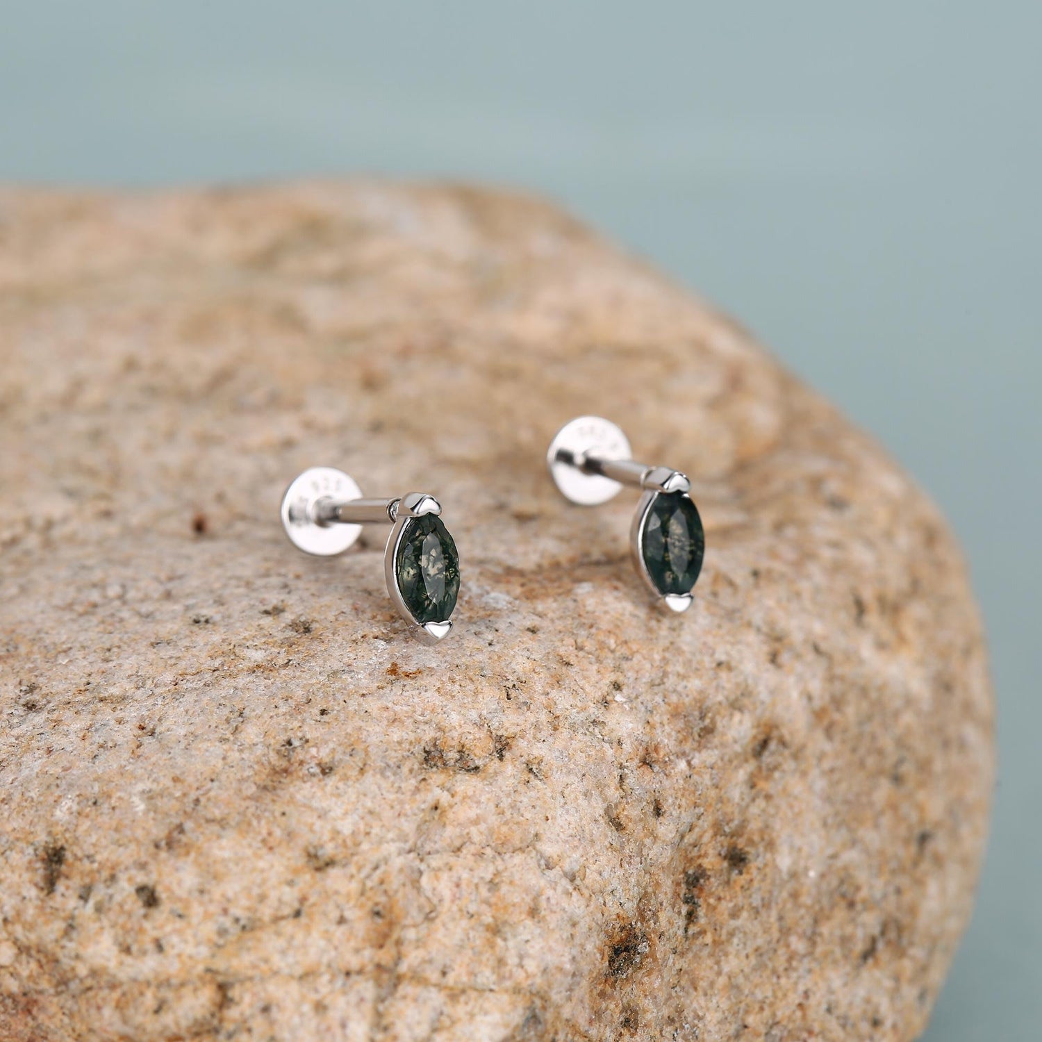 Sterling Silver Moss Agate Marquise 16G Flat Back Earrings