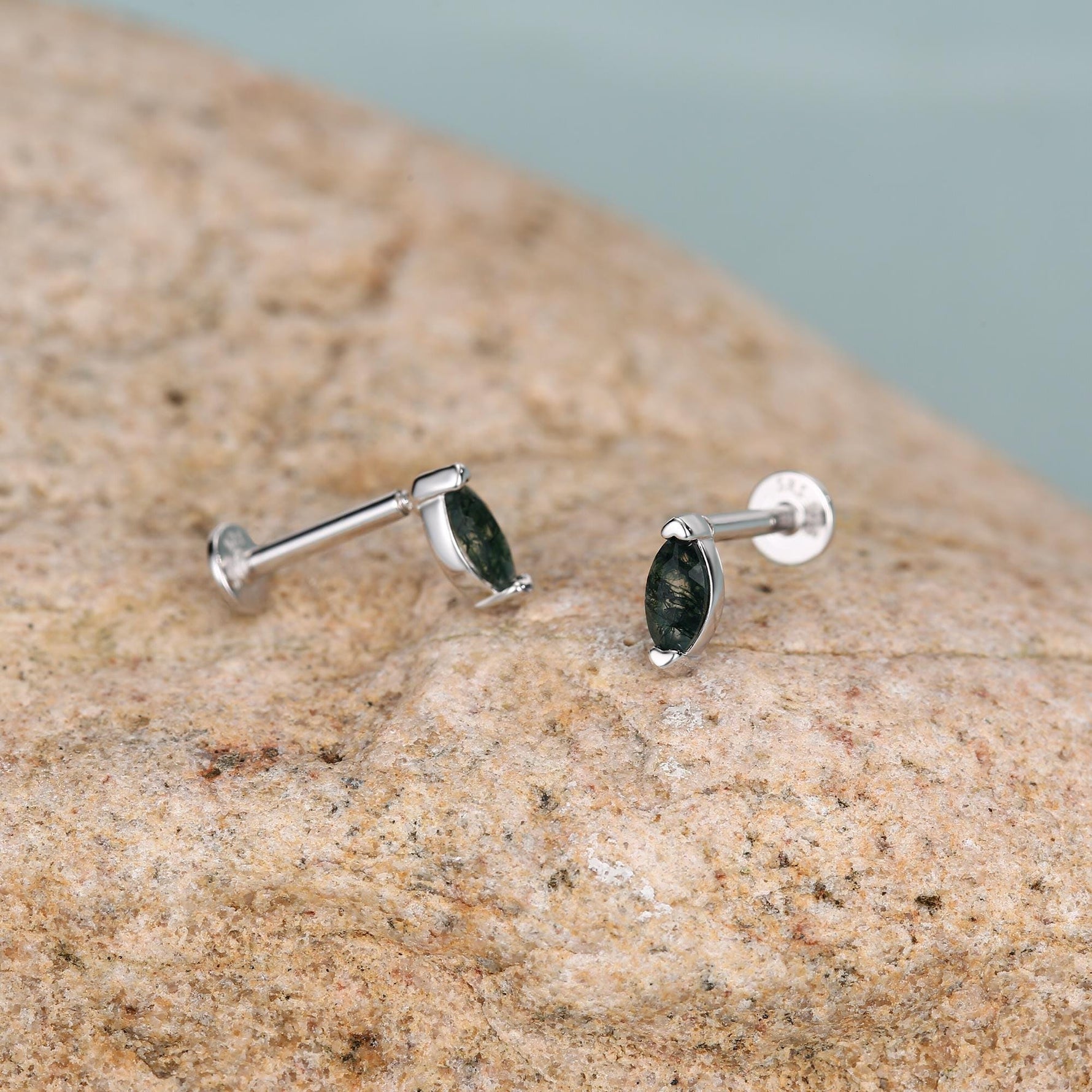 Sterling Silver Moss Agate Marquise 16G Flat Back Earrings