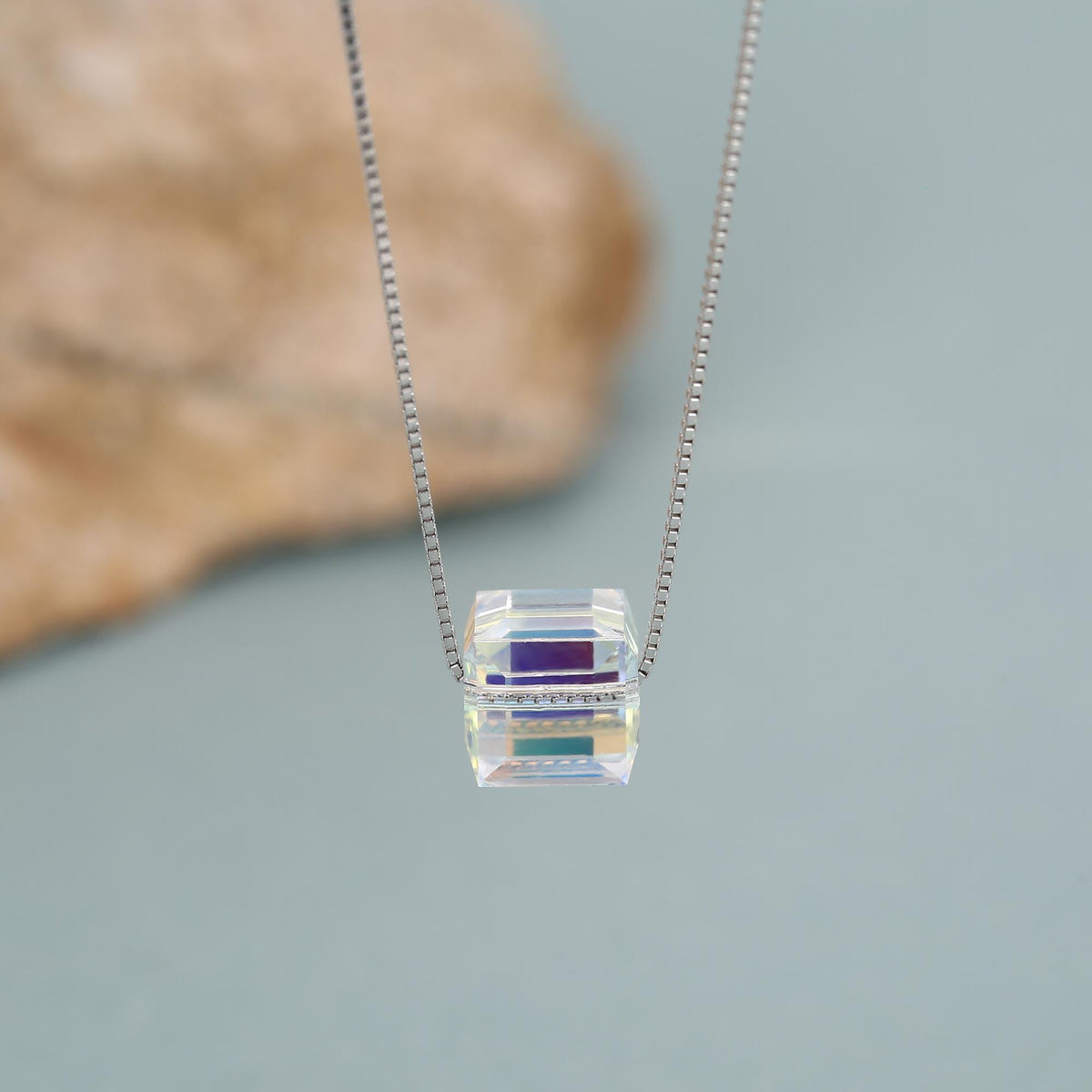 Sterling Silver Aurora Crystal Cube Pendant Necklace
