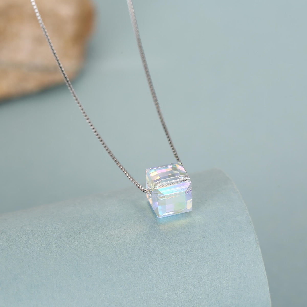 Sterling Silver Aurora Crystal Cube Pendant Necklace