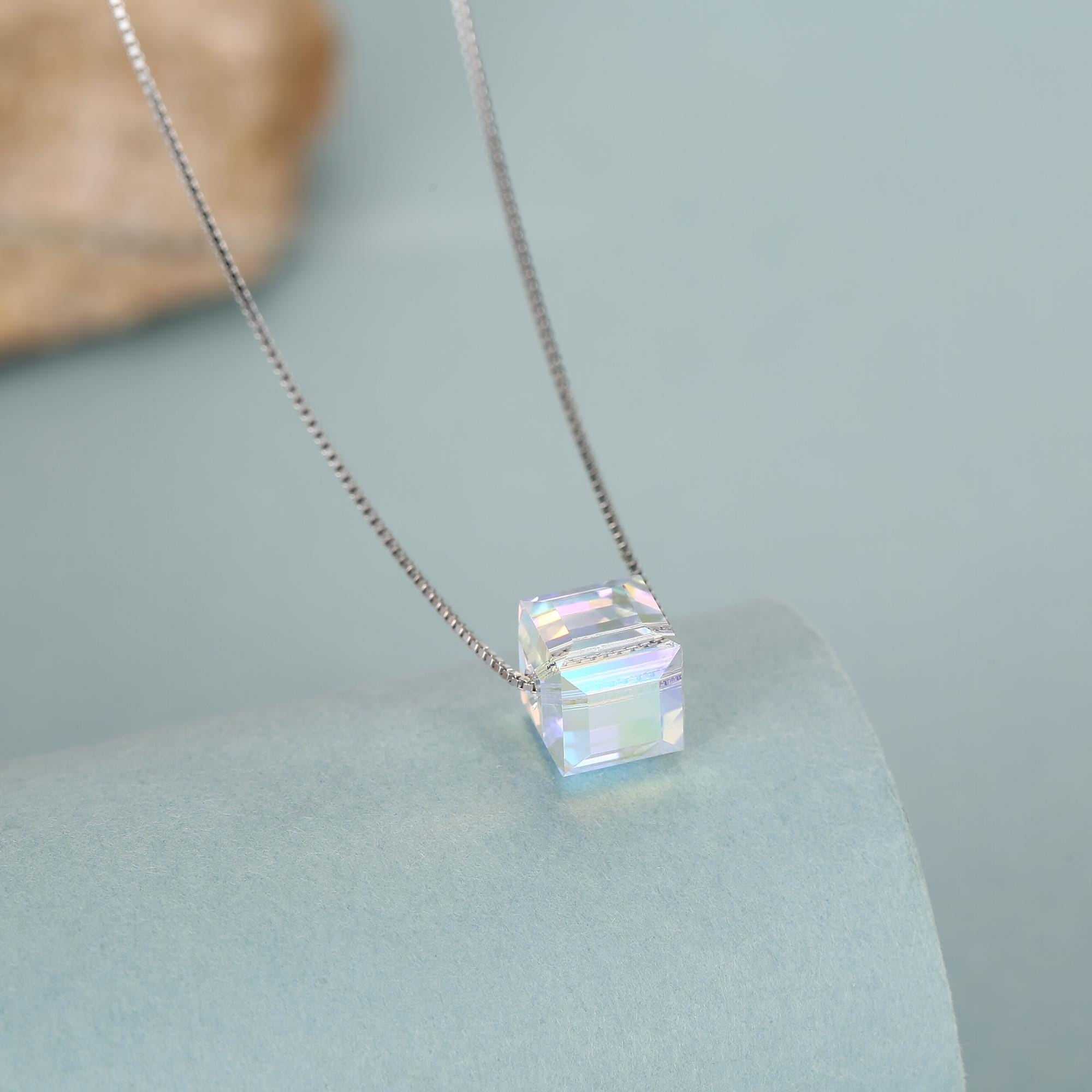 Sterling Silver Aurora Crystal Cube Pendant Necklace
