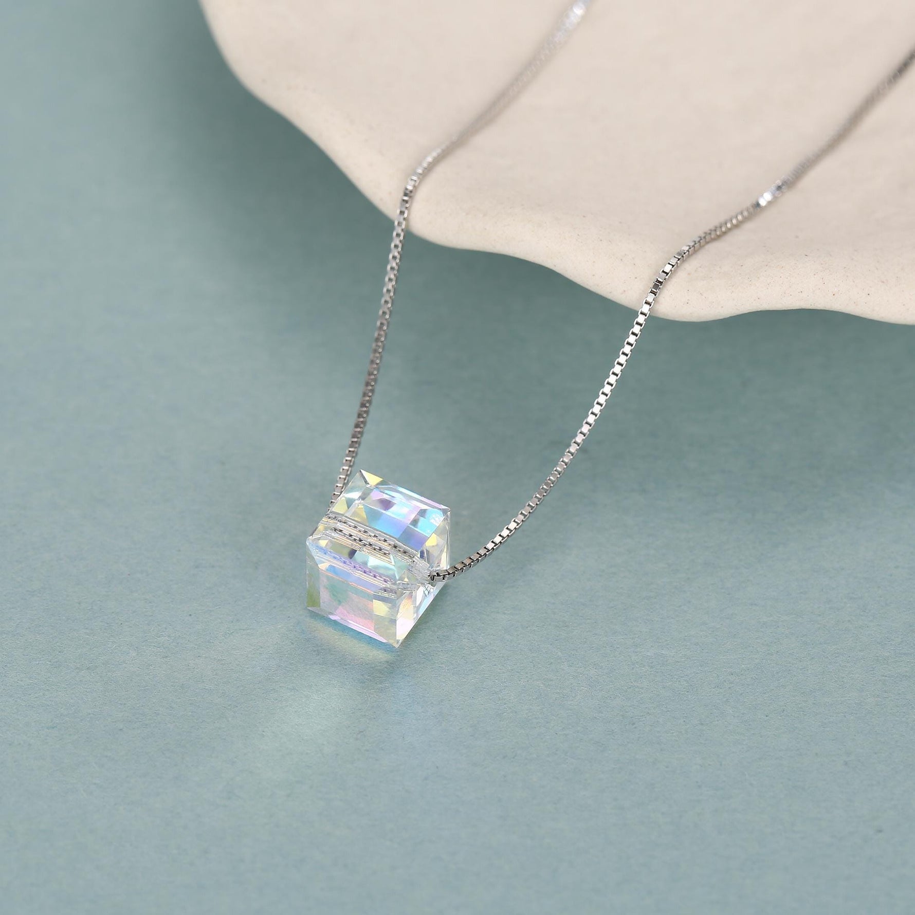 Sterling Silver Aurora Crystal Cube Pendant Necklace
