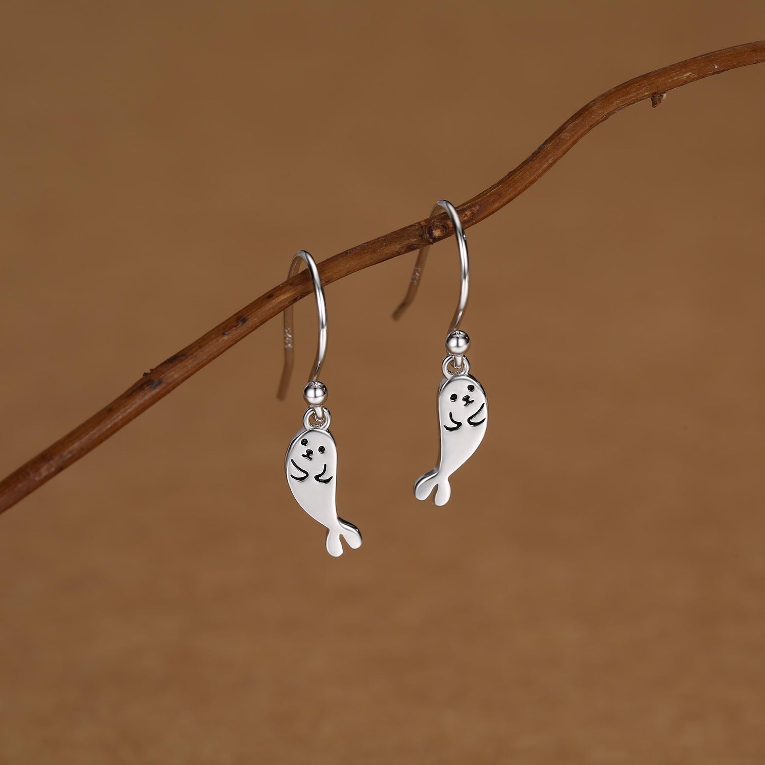 Cute Baby Seal Drop Dangling Earrings in Sterling Silver, Silver or Gold or Rose Gold, Seal Earrings, Ocean Animal Hook Earrings, Scottish