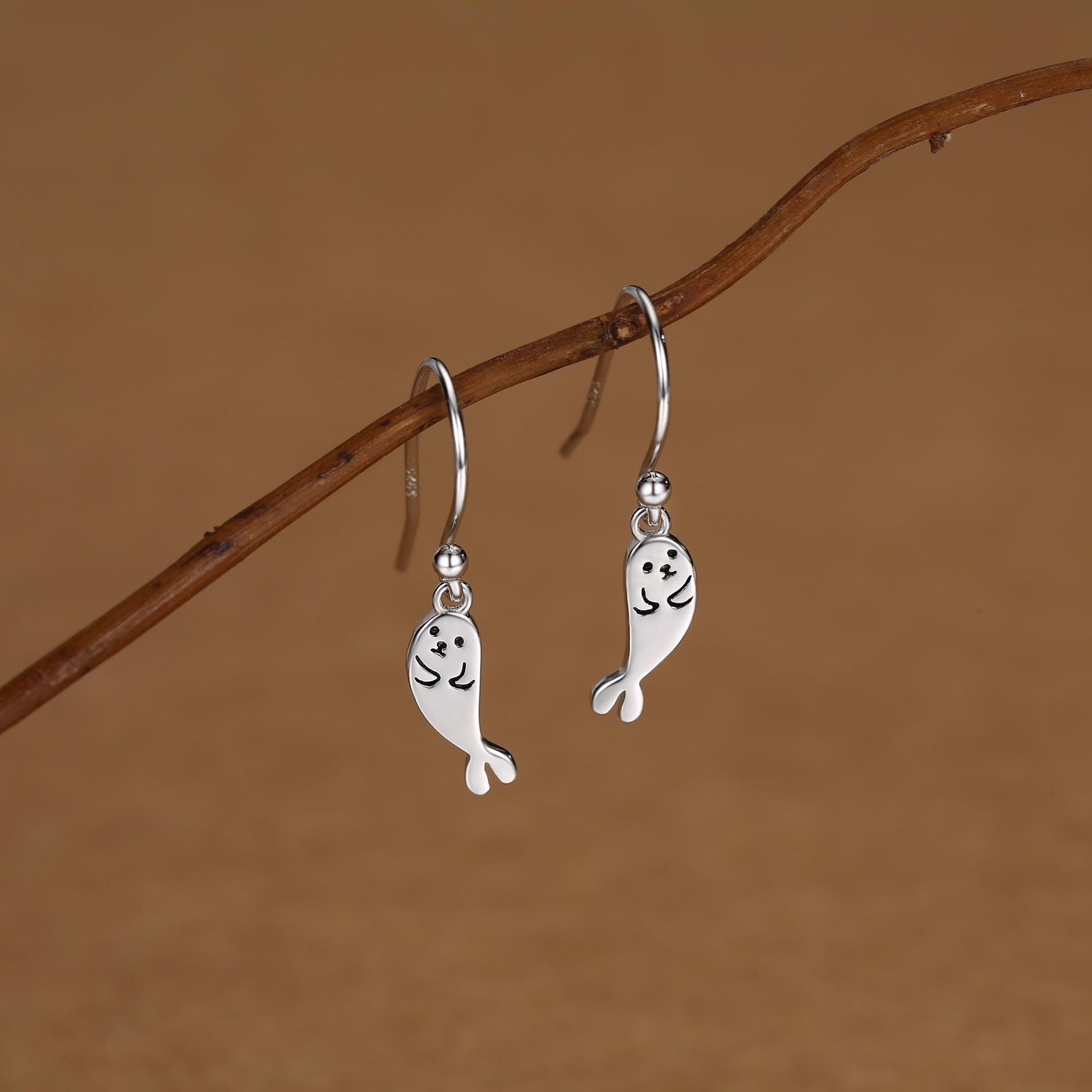 Cute Baby Seal Drop Dangling Earrings in Sterling Silver, Silver or Gold or Rose Gold, Seal Earrings, Ocean Animal Hook Earrings, Scottish
