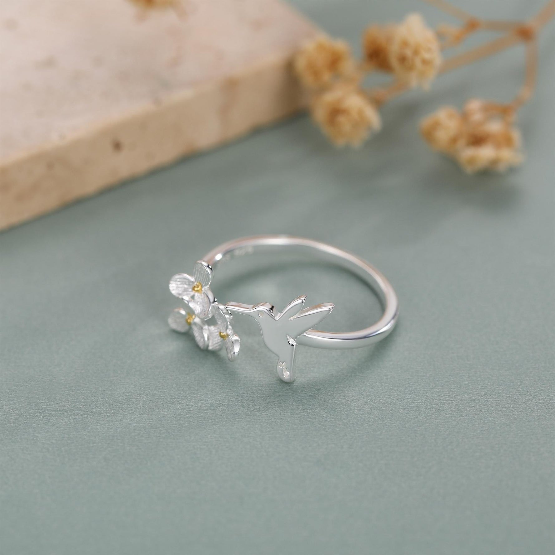 Sterling Silver Hummingbird and Flower Open Ring