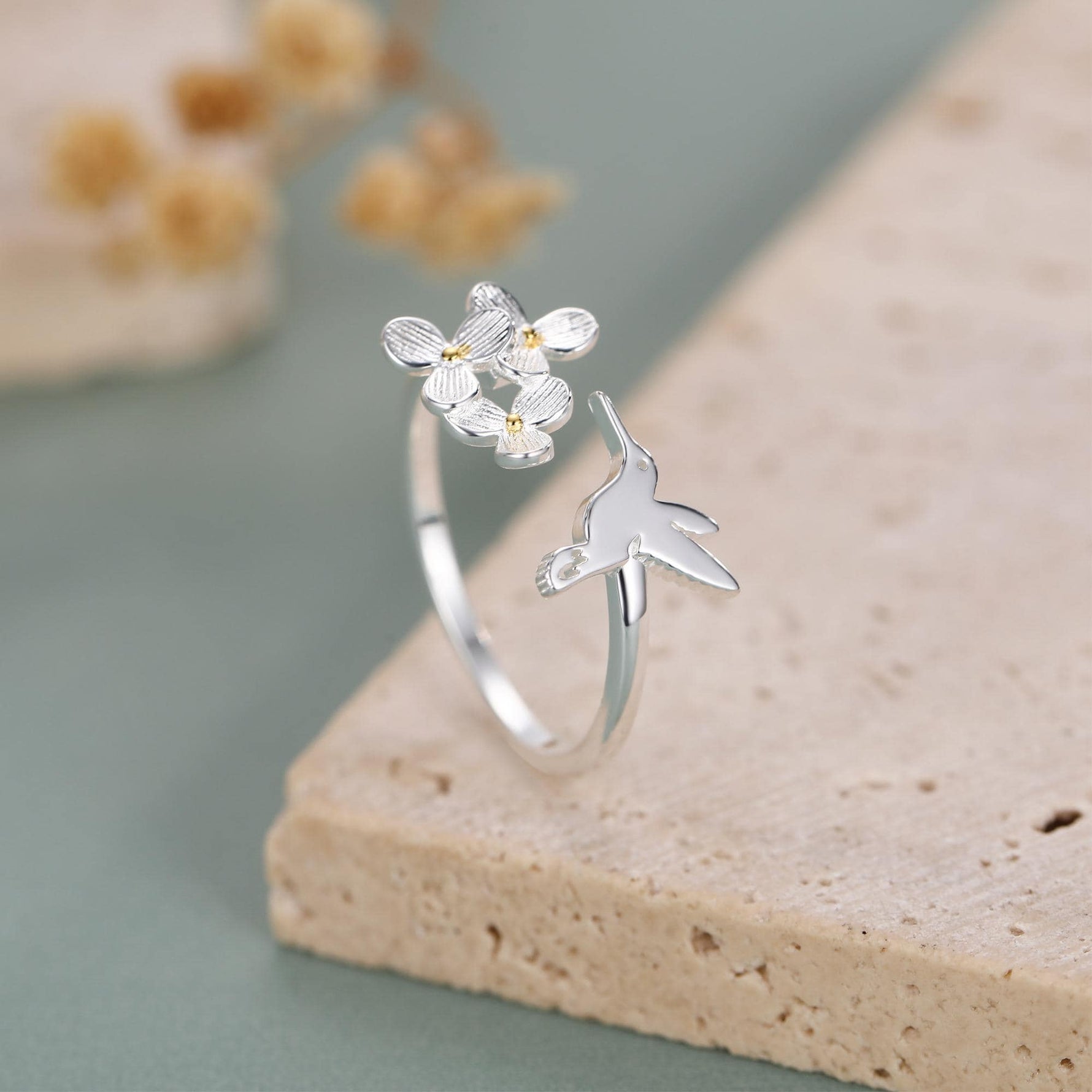 Sterling Silver Hummingbird and Flower Open Ring