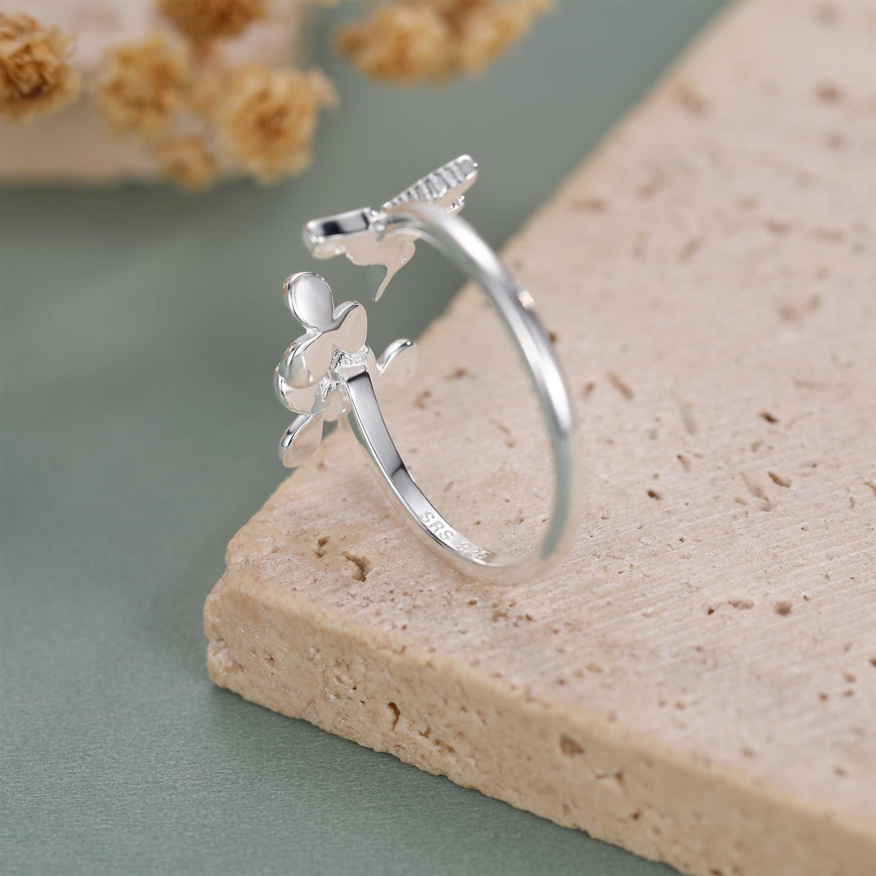 Sterling Silver Hummingbird and Flower Open Ring