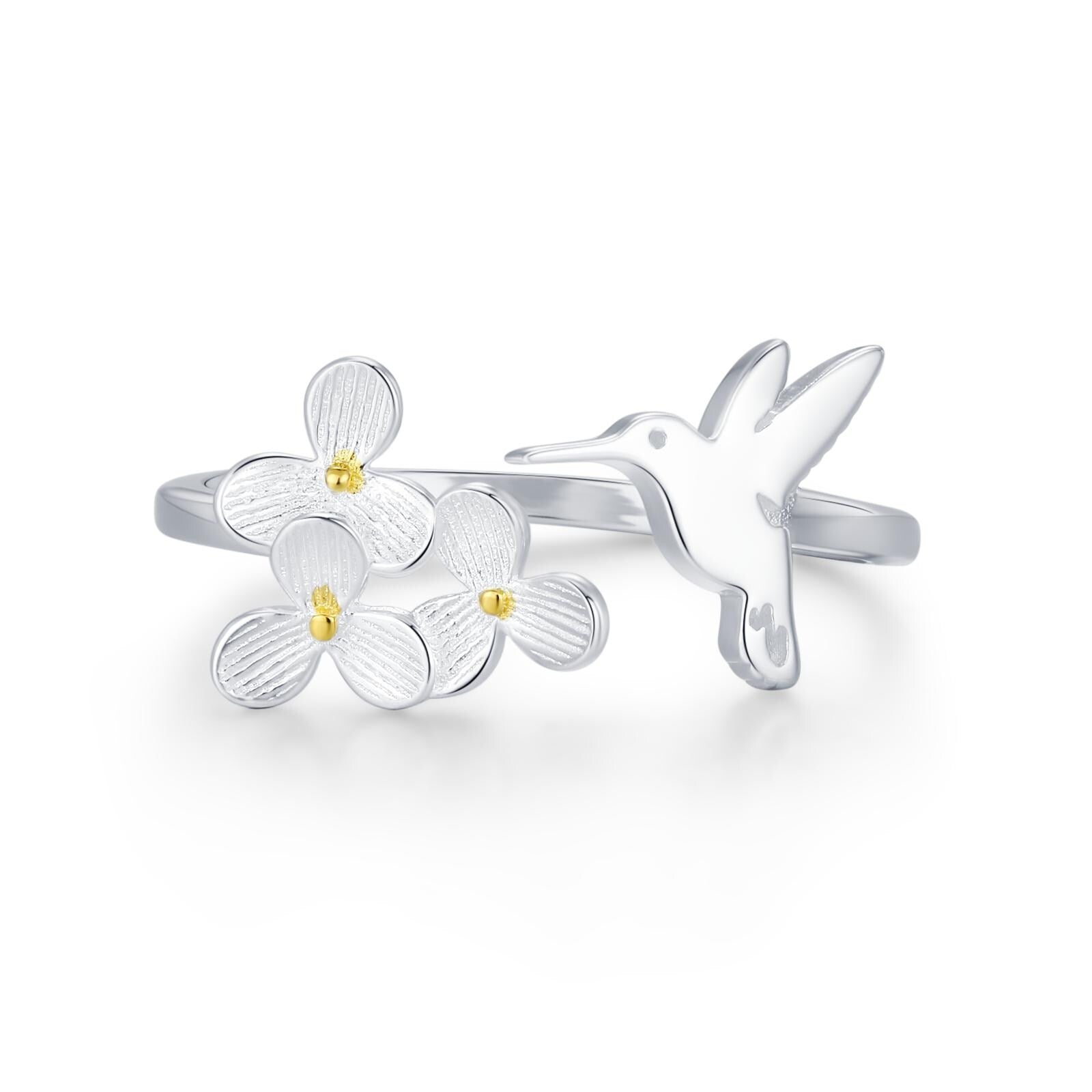 Sterling Silver Hummingbird and Flower Open Ring
