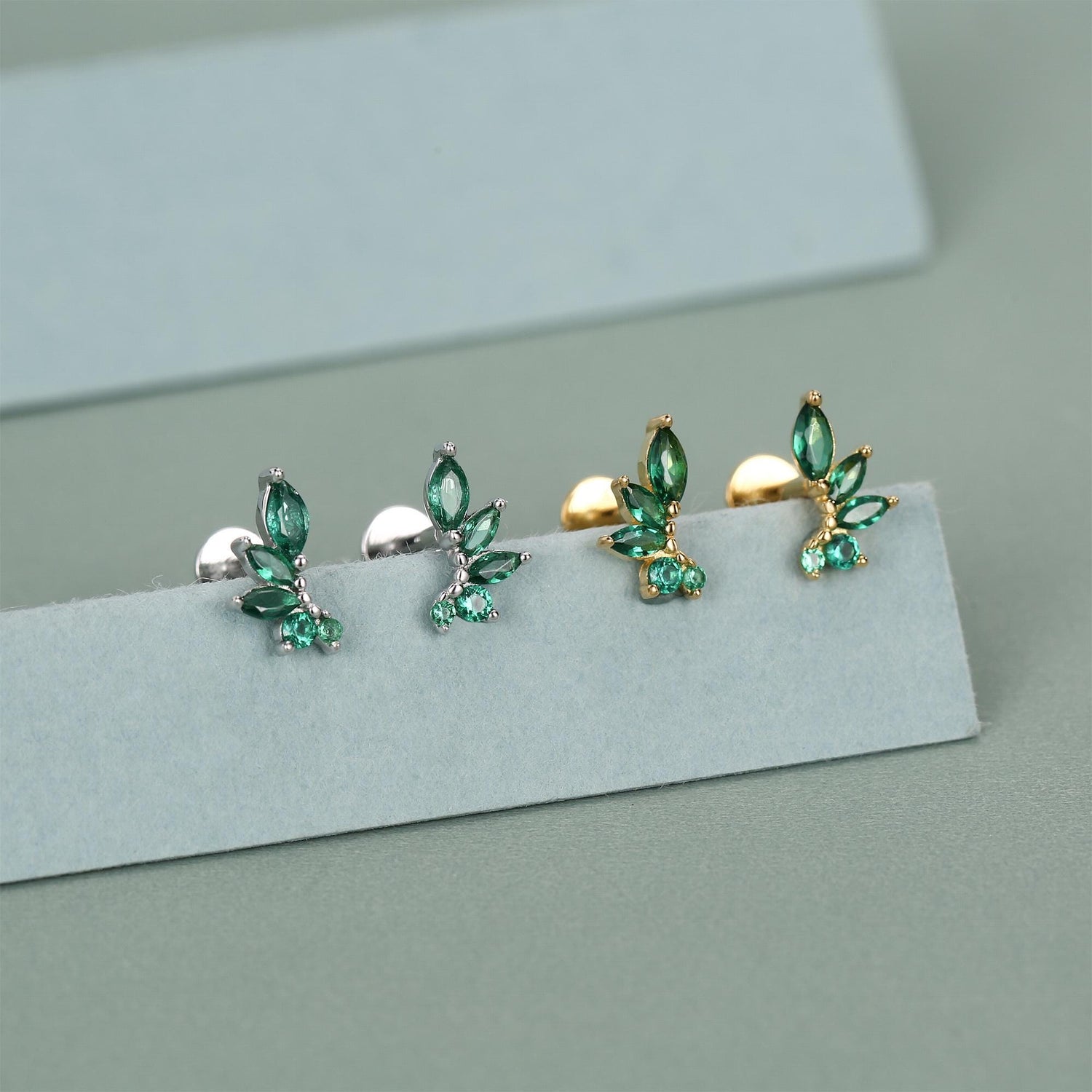Sterling Silver Green CZ Marquise Cluster 16G Flat Back Earrings