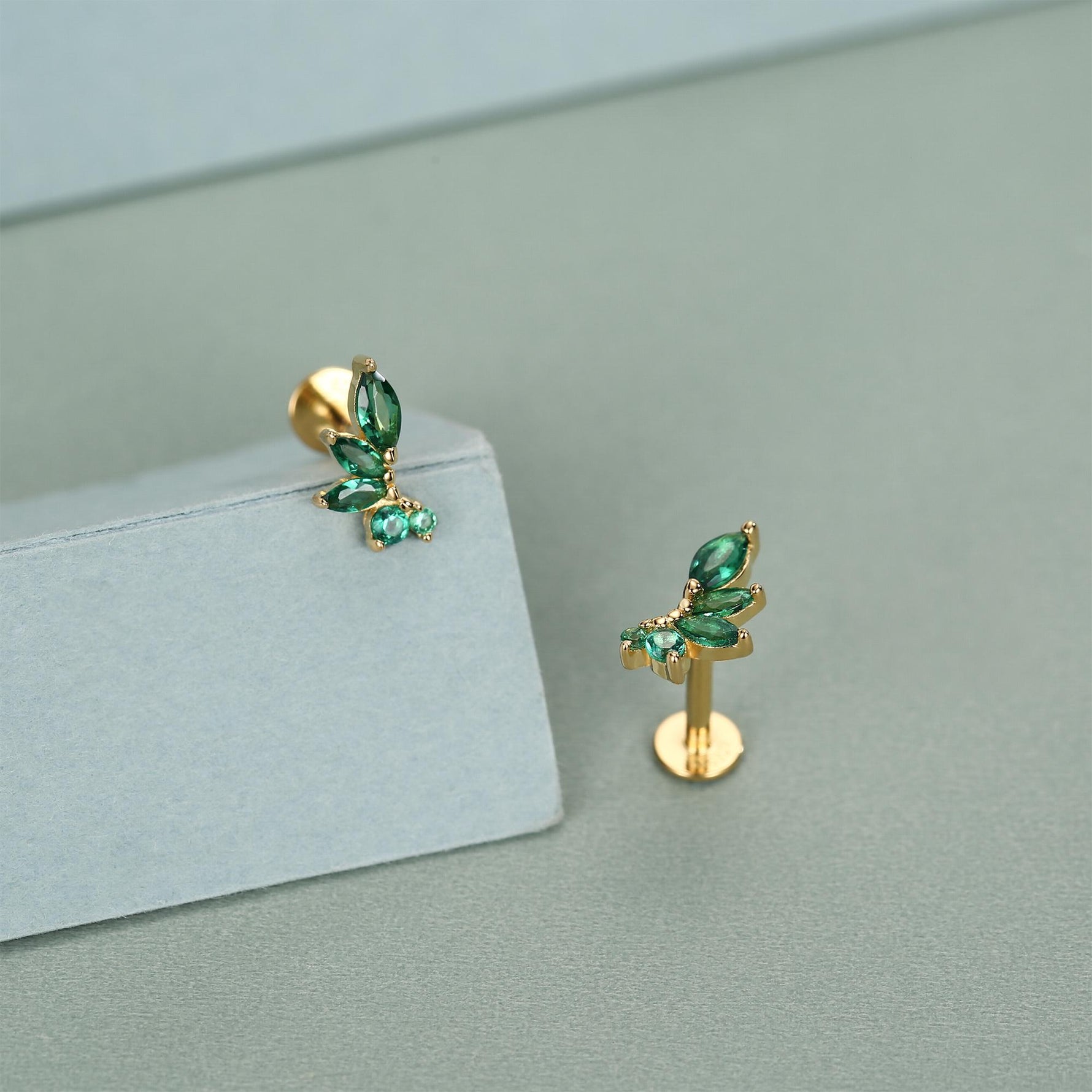 Sterling Silver Green CZ Marquise Cluster 16G Flat Back Earrings