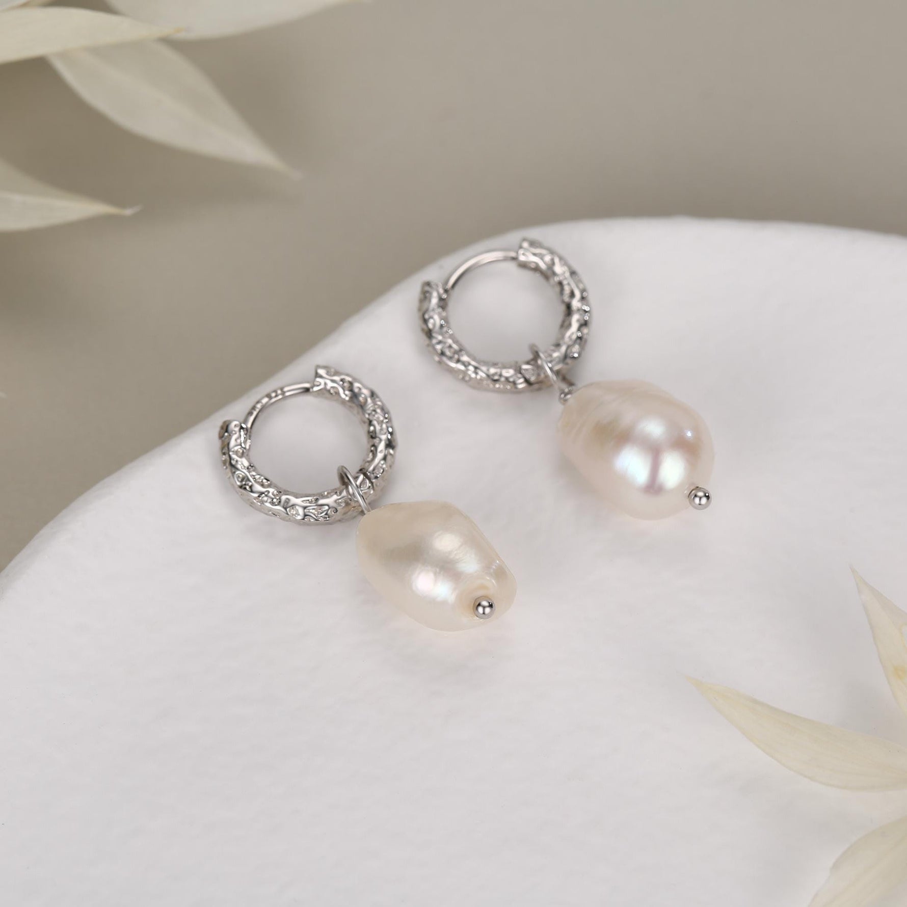 Baroque Pearl Hammered Hoop Earrings in Sterling Silver
