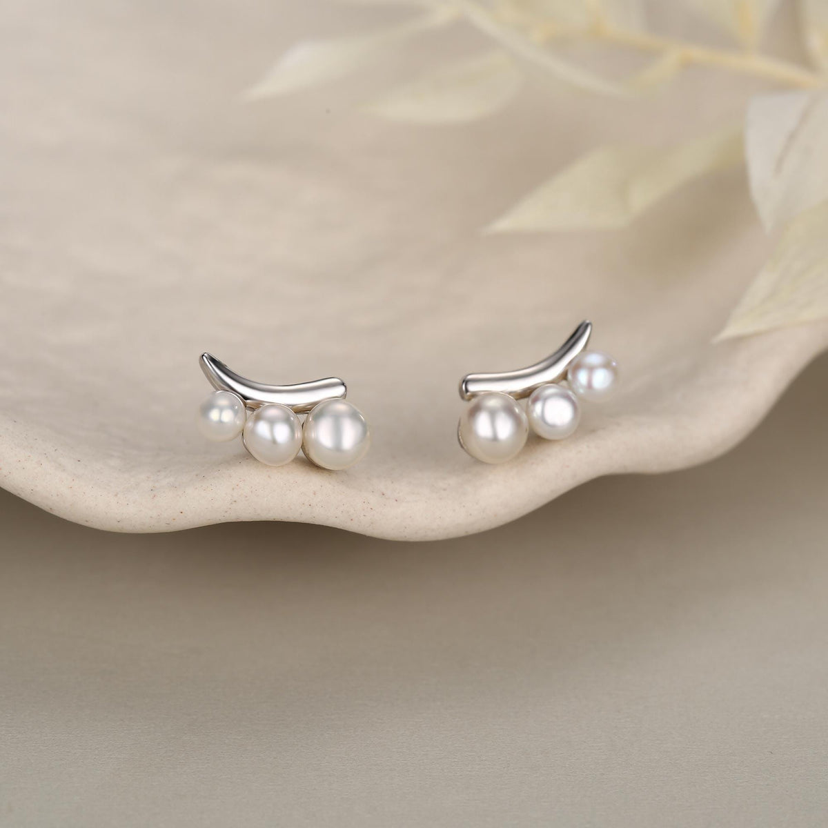 Natural Pearl Trio Stud Earrings in Sterling Silver, Curved Freshwater Pearl Mini Bar Earrings, Silver or Gold or Rose Gold, Pearl Earrings
