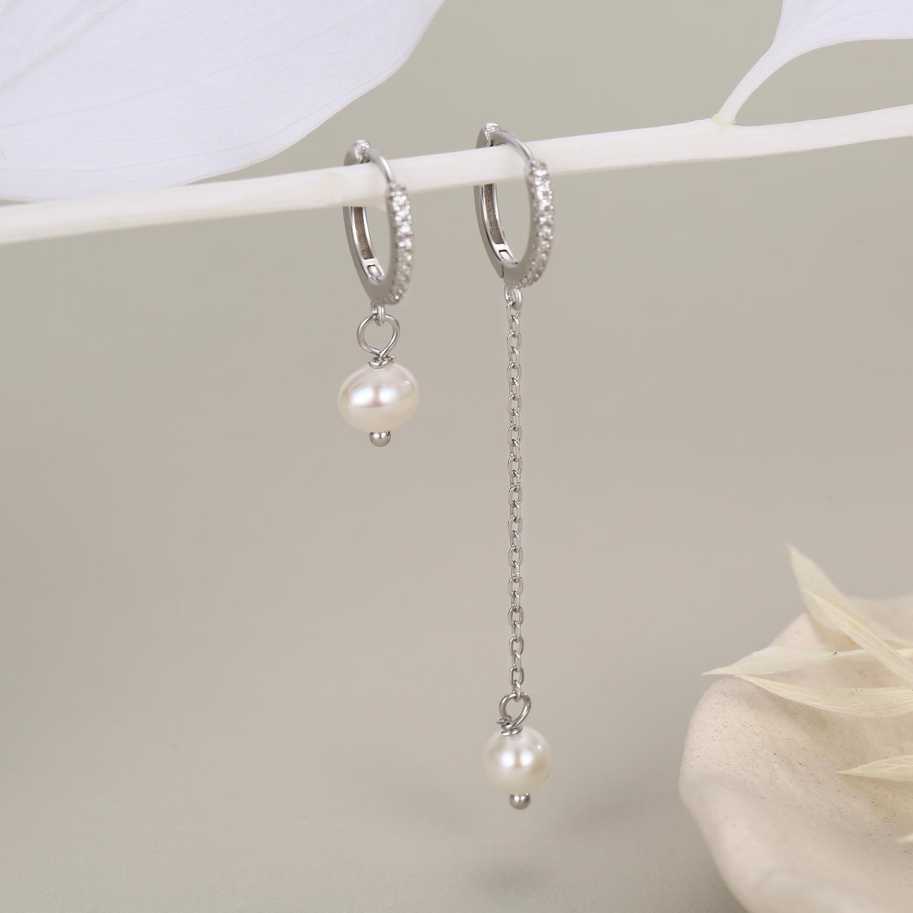 Asymmetric Natural Freshwater Pearl Huggie Hoops Earrings in Sterling Silver