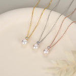 Natural Pearl and CZ Bezel Necklace in Sterling Silver, Silver or Gold or Rose Gold, Genuine Freshwater Pearl Pendant Necklace