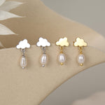 Dainty Cloud and Natural Pearl Raindrop Stud Earrings in Sterling Silver, Silver or Gold, Cloud Earrings, Freshwater Pearl Droplet Earrings