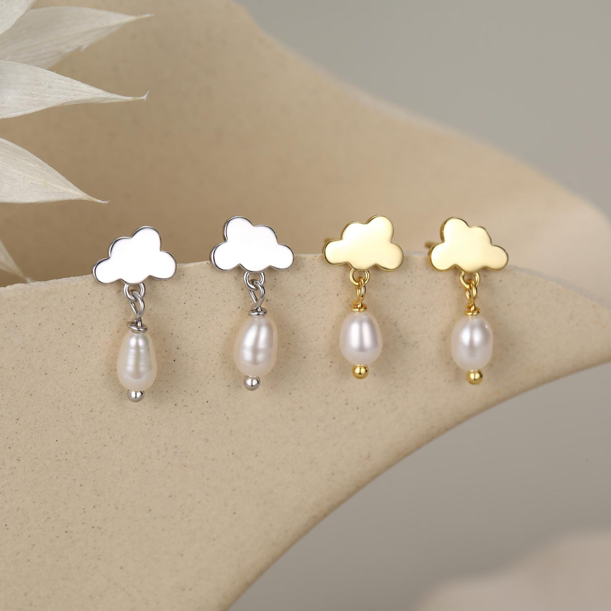 Dainty Cloud and Natural Pearl Raindrop Stud Earrings in Sterling Silver, Silver or Gold, Cloud Earrings, Freshwater Pearl Droplet Earrings