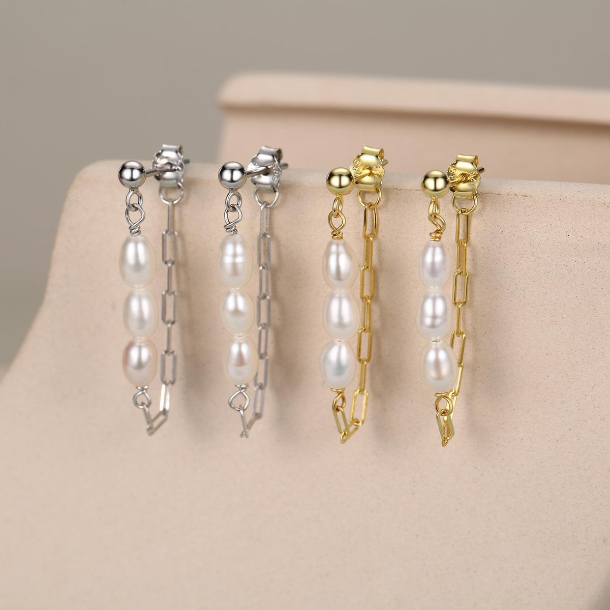 Sterling Silver Genuine Oval Pearl and Chain Jacket Earrings in Sterling Silver