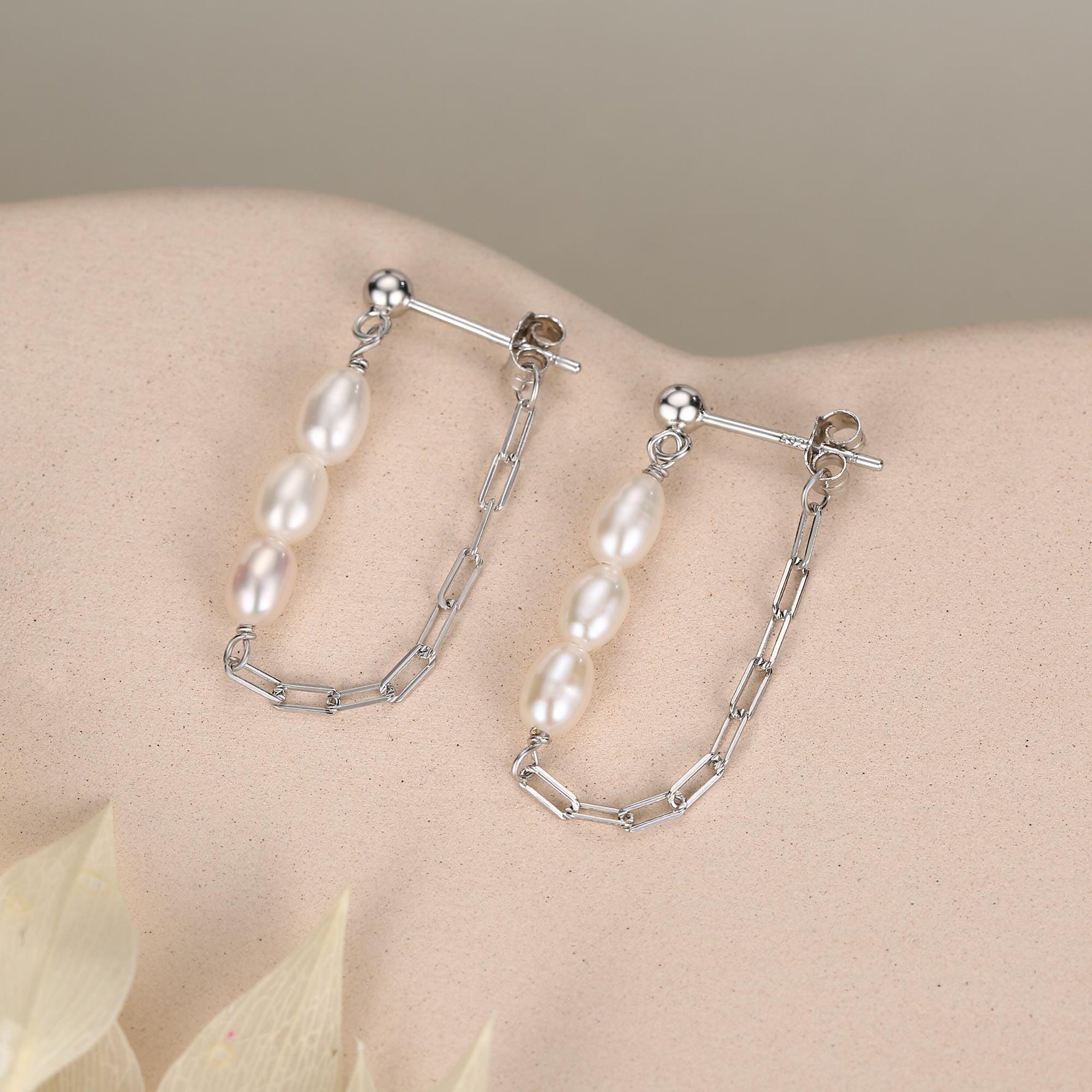Sterling Silver Genuine Oval Pearl and Chain Jacket Earrings in Sterling Silver