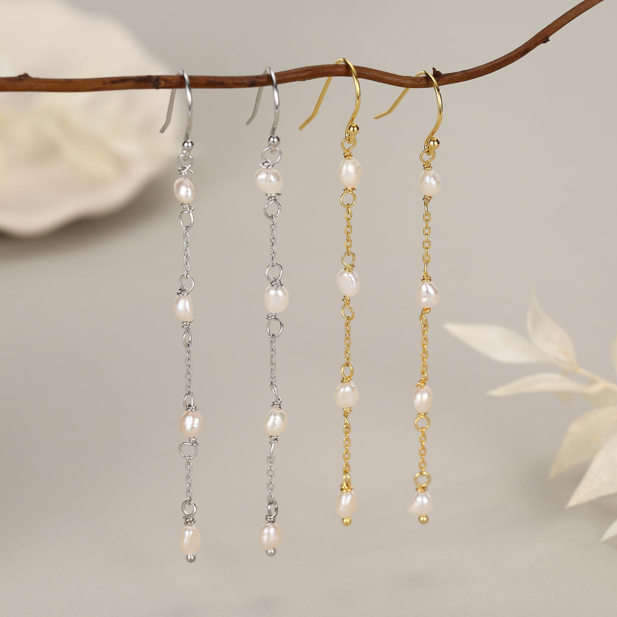 Oval Freshwater Pearl Long Drop Hook Earrings in Sterling Silver
