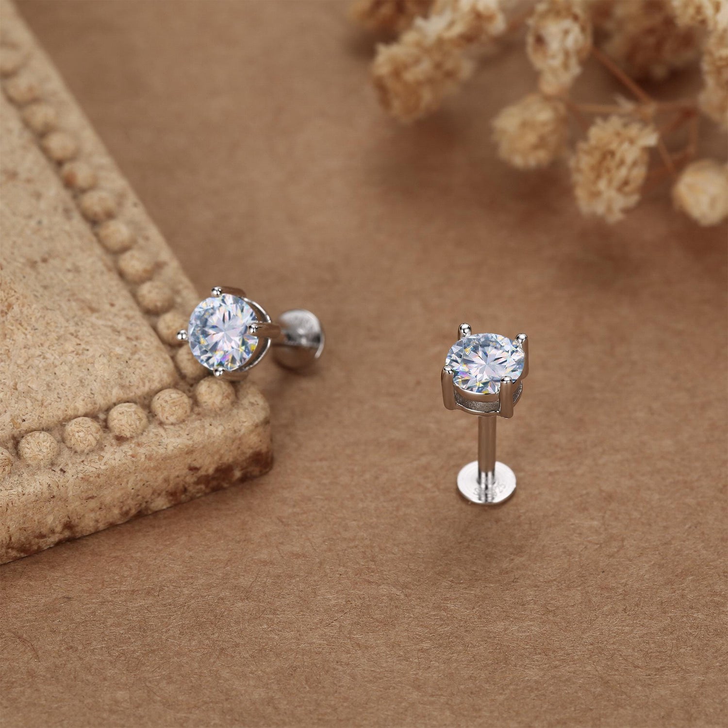 Brilliant Cut 5mm Moissanite 16G Flat Back Labret Earrings in Sterling Silver