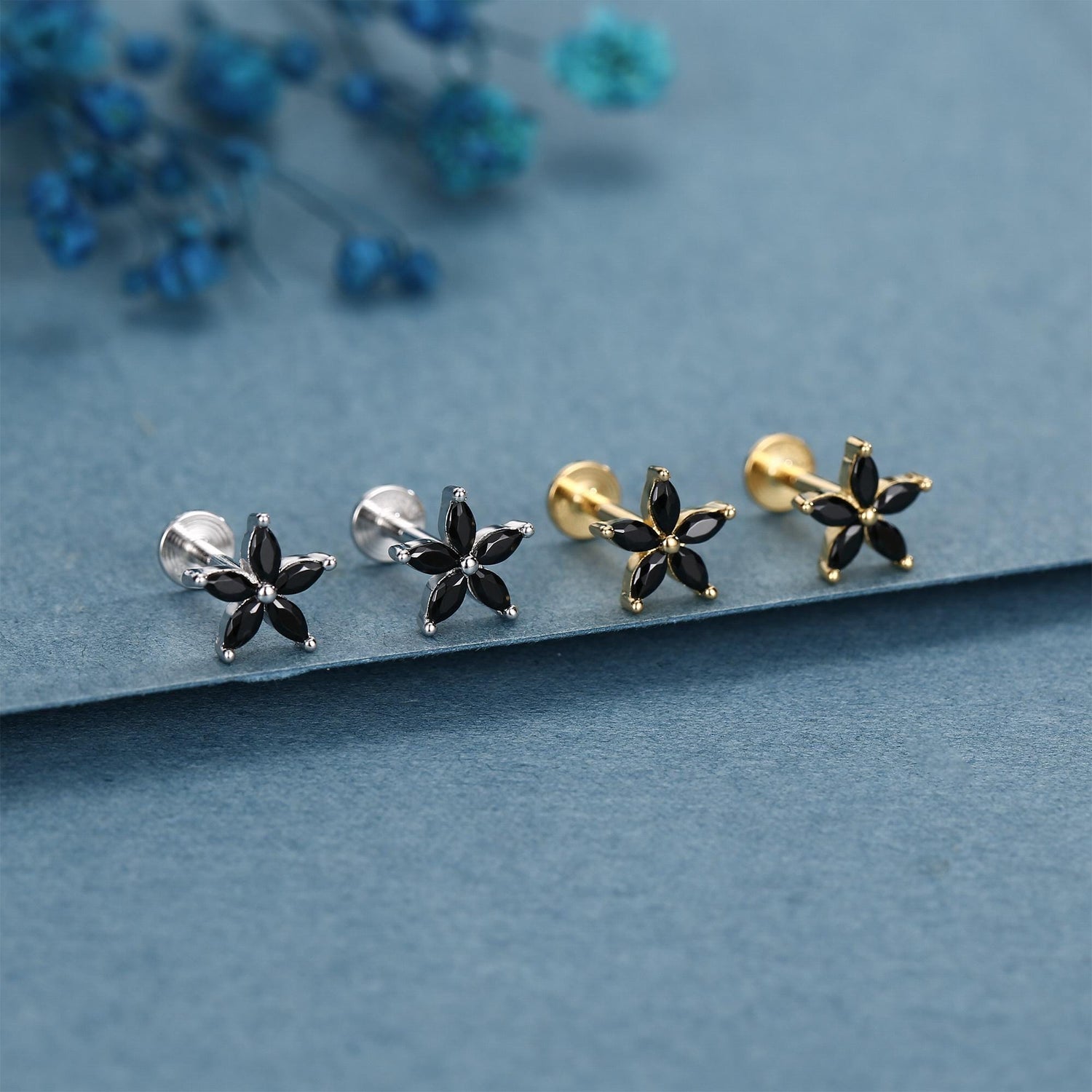 Sterling Silver Black CZ Flower 16G Flat Back Earrings