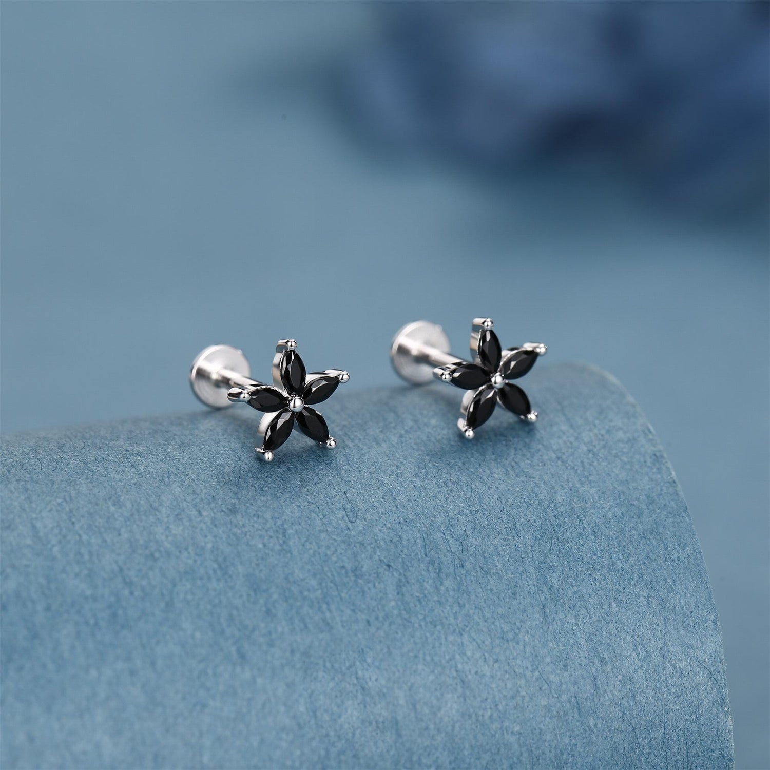 Sterling Silver Black CZ Flower 16G Flat Back Earrings