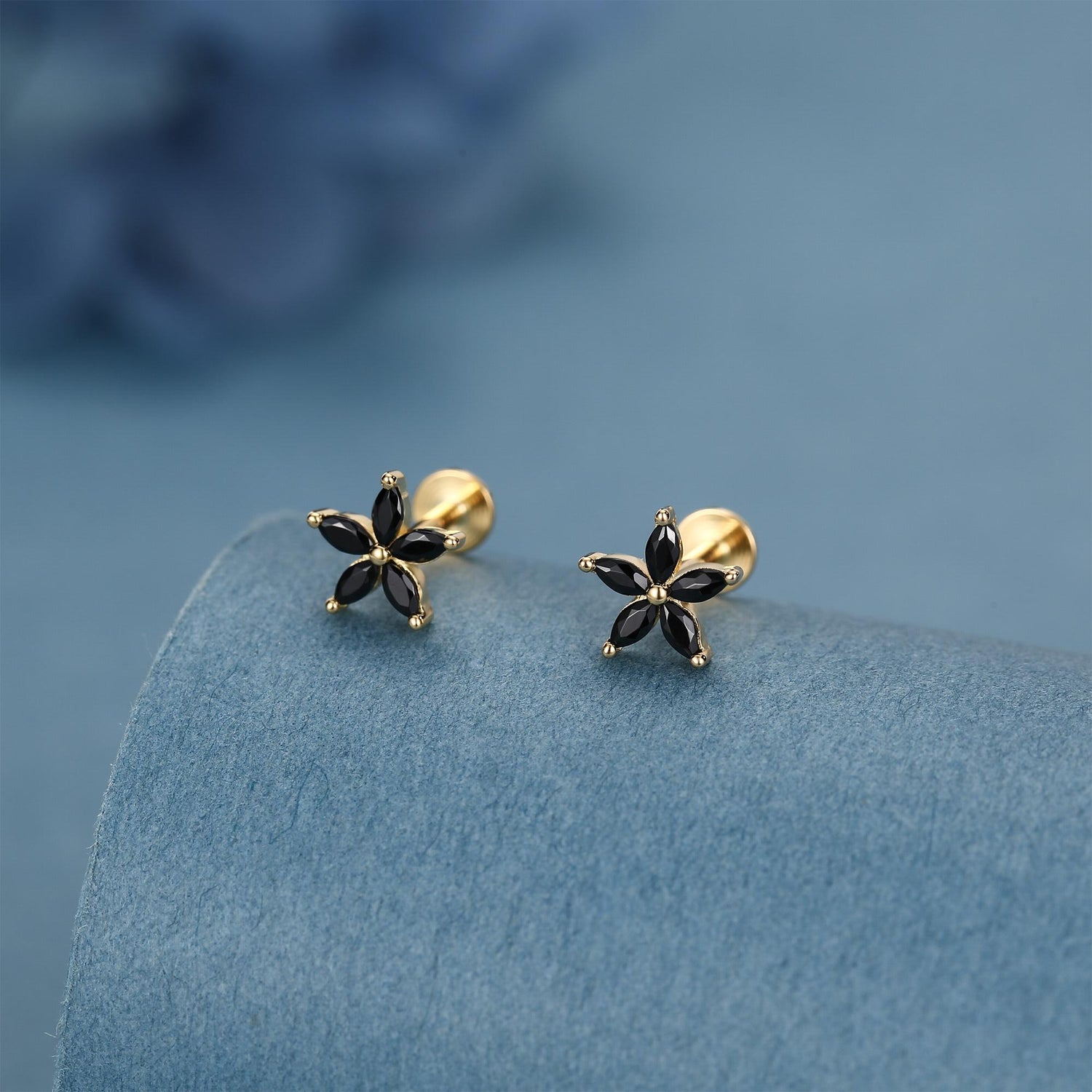 Sterling Silver Black CZ Flower 16G Flat Back Earrings