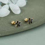 Sterling Silver Black CZ Flower Barbell Earrings, Gold or Silver, Marquise CZ Screw Back Earrings, Stacking Earrings