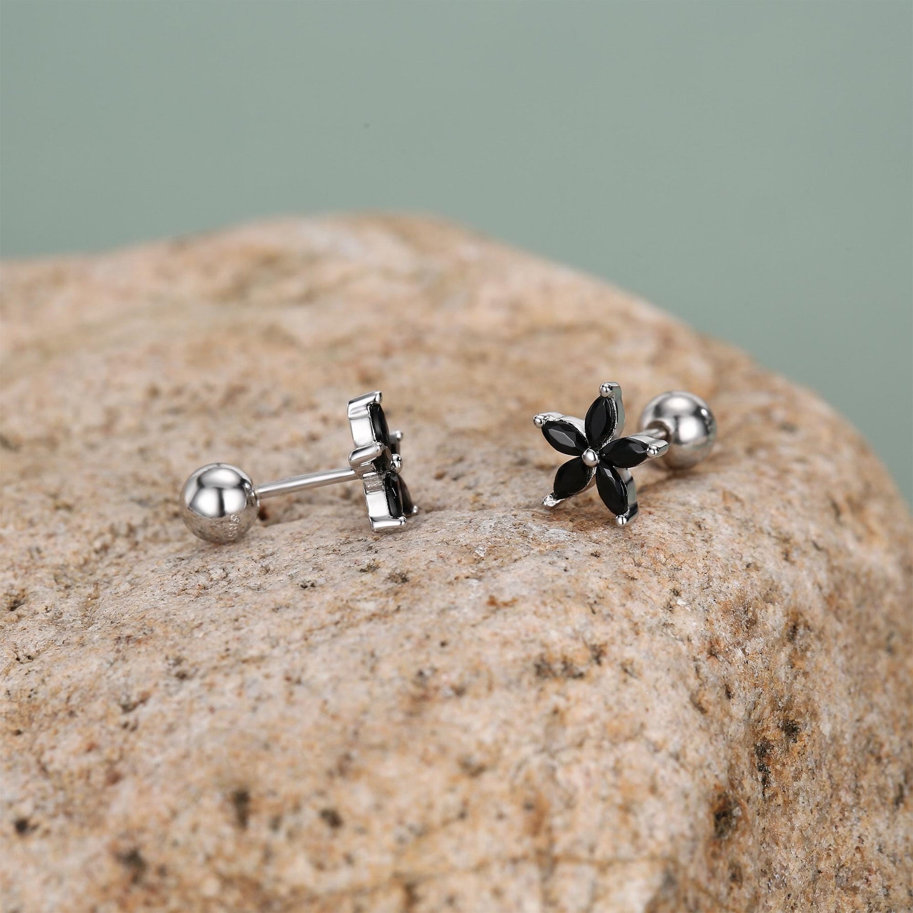 Sterling Silver Black CZ Flower Barbell Earrings, Gold or Silver, Marquise CZ Screw Back Earrings, Stacking Earrings