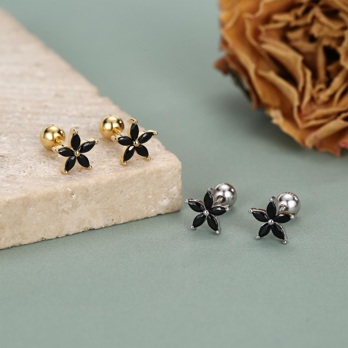 Sterling Silver Black CZ Flower Barbell Earrings, Gold or Silver, Marquise CZ Screw Back Earrings, Stacking Earrings