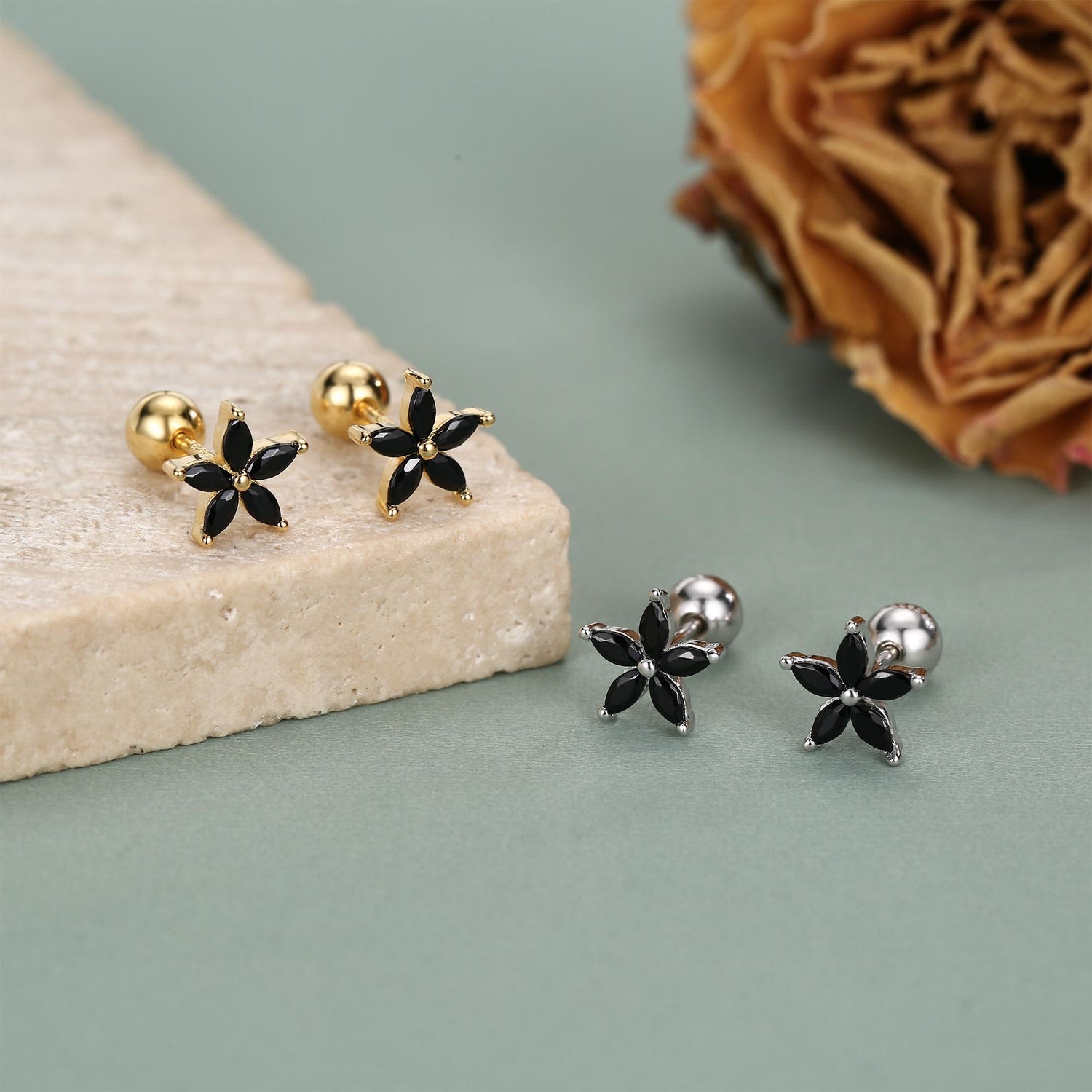 Sterling Silver Black CZ Flower Barbell Earrings, Gold or Silver, Marquise CZ Screw Back Earrings, Stacking Earrings
