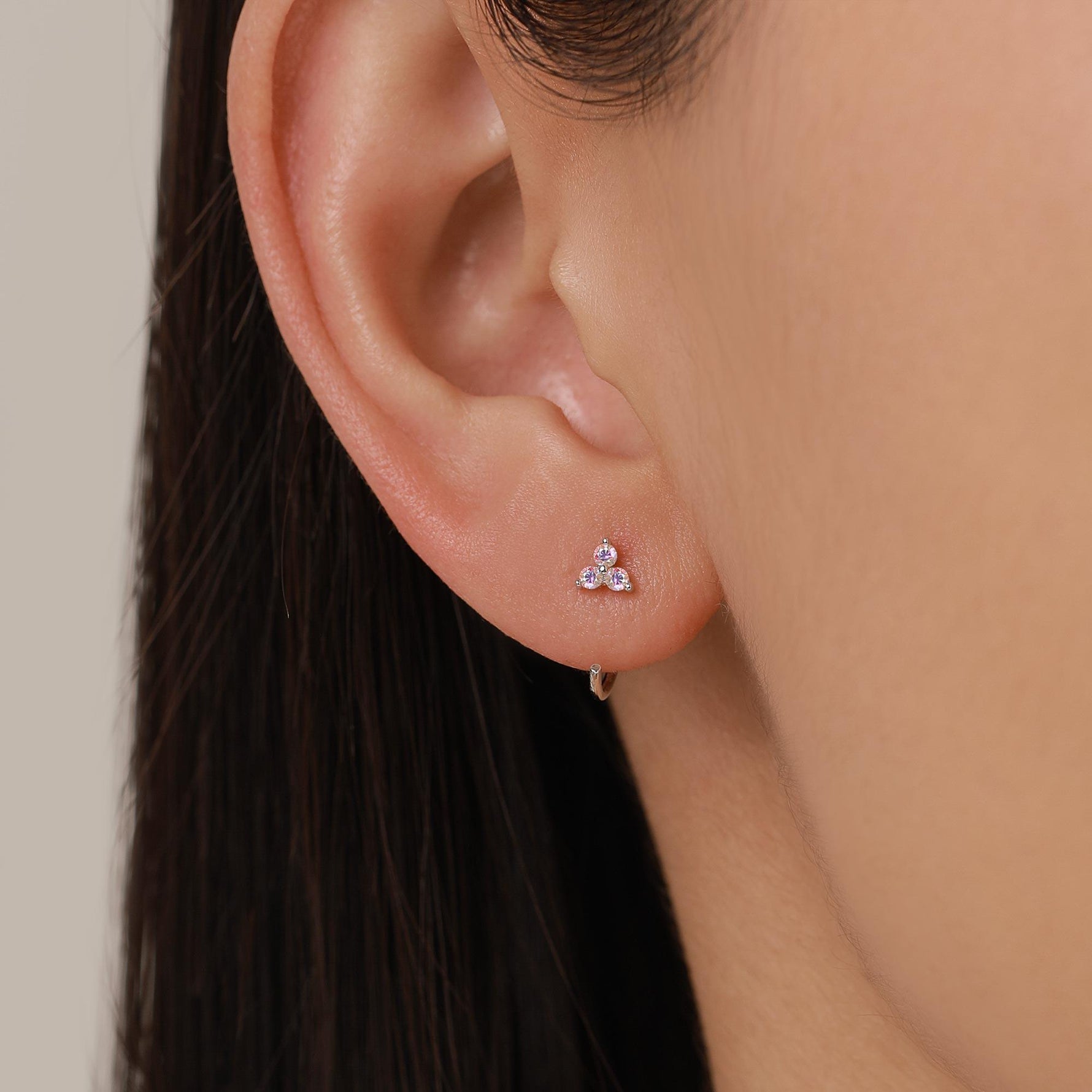 CZ Trio Hydrangea Flower Huggie Hoop Earrings in Sterling Silver, Aurora AB Crystal, Tiny CZ Open Hoops, Pull Through Threaders,