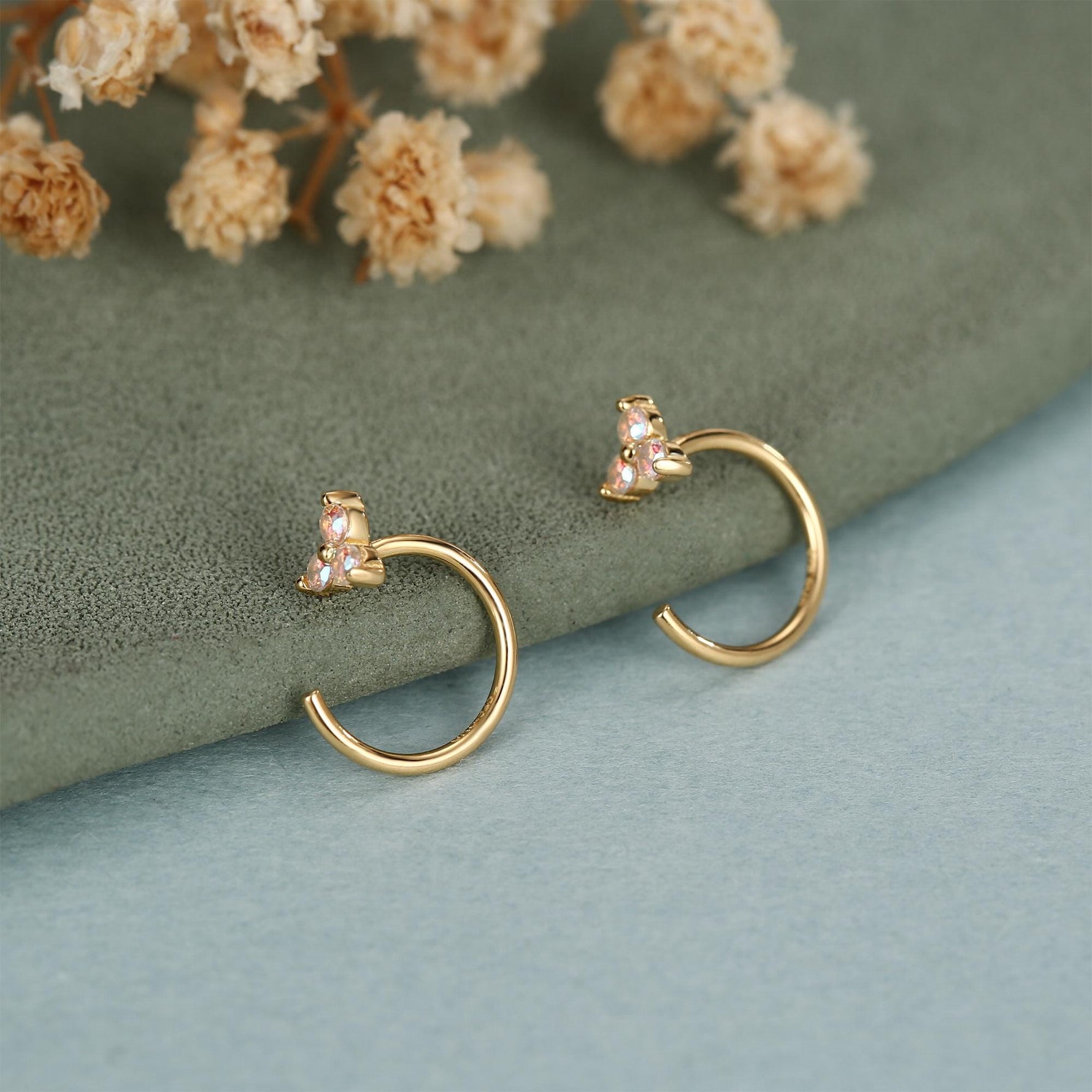 CZ Trio Hydrangea Flower Huggie Hoop Earrings in Sterling Silver, Aurora AB Crystal, Tiny CZ Open Hoops, Pull Through Threaders,