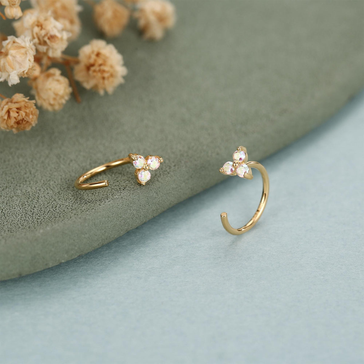 CZ Trio Hydrangea Flower Huggie Hoop Earrings in Sterling Silver, Aurora AB Crystal, Tiny CZ Open Hoops, Pull Through Threaders,