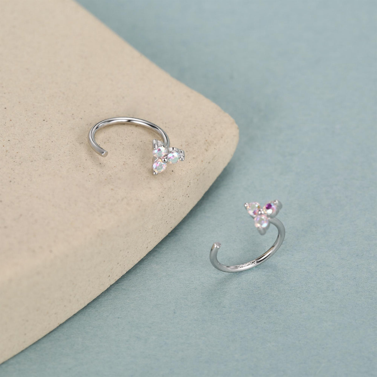 CZ Trio Hydrangea Flower Huggie Hoop Earrings in Sterling Silver, Aurora AB Crystal, Tiny CZ Open Hoops, Pull Through Threaders,