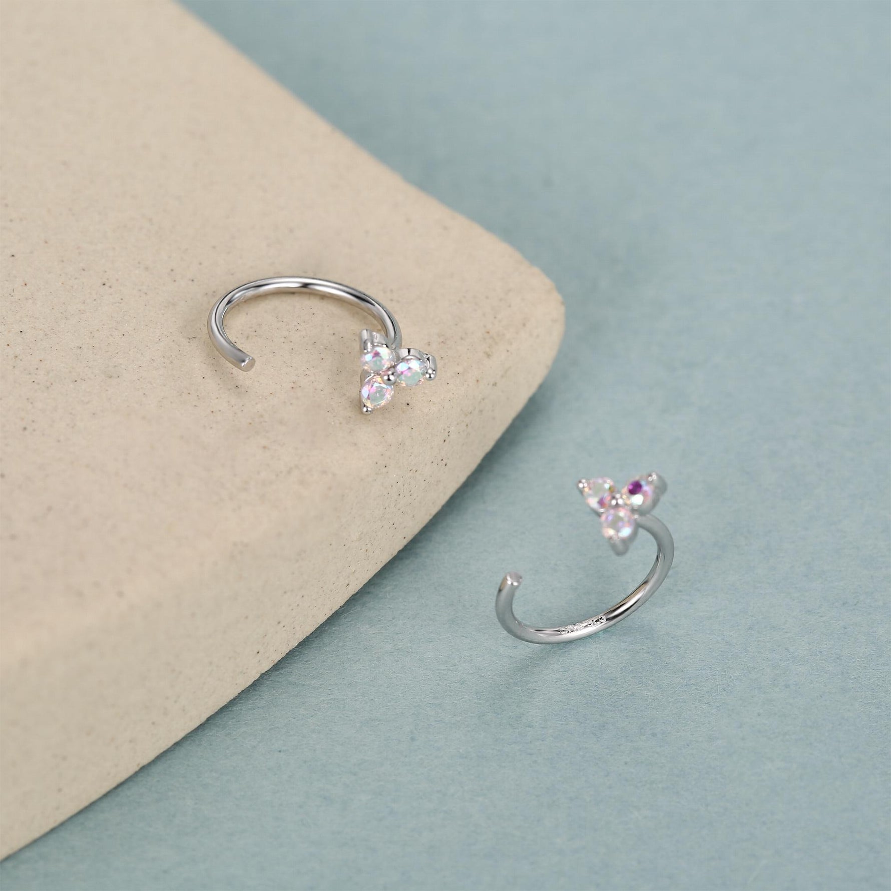 CZ Trio Hydrangea Flower Huggie Hoop Earrings in Sterling Silver, Aurora AB Crystal, Tiny CZ Open Hoops, Pull Through Threaders,