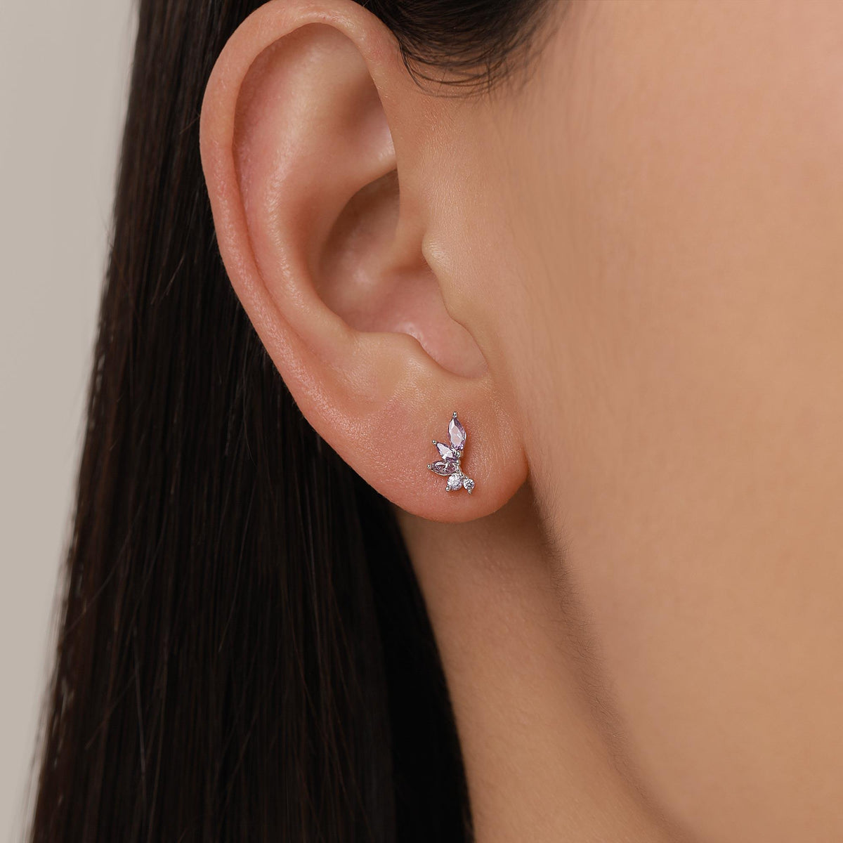 Amethyst Purple CZ Marquise Cluster Stud Earrings in Sterling Silver, Silver or Gold, Marquise Earrings, CZ Wing Earrings, Mini Crawler