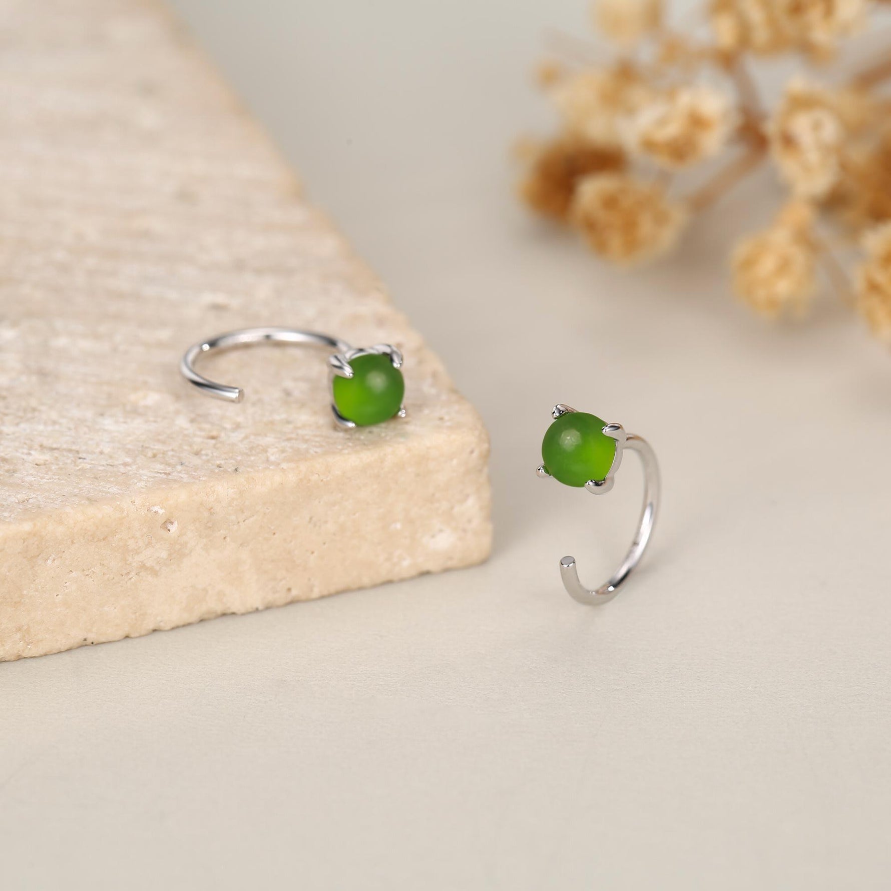 Genuine Jade Crystal Huggie Hoop Earrings in Sterling Silver, 4mm Natural Jade Open Hoops, Pull Through Threaders, Half Hoops, C Shape Hoops