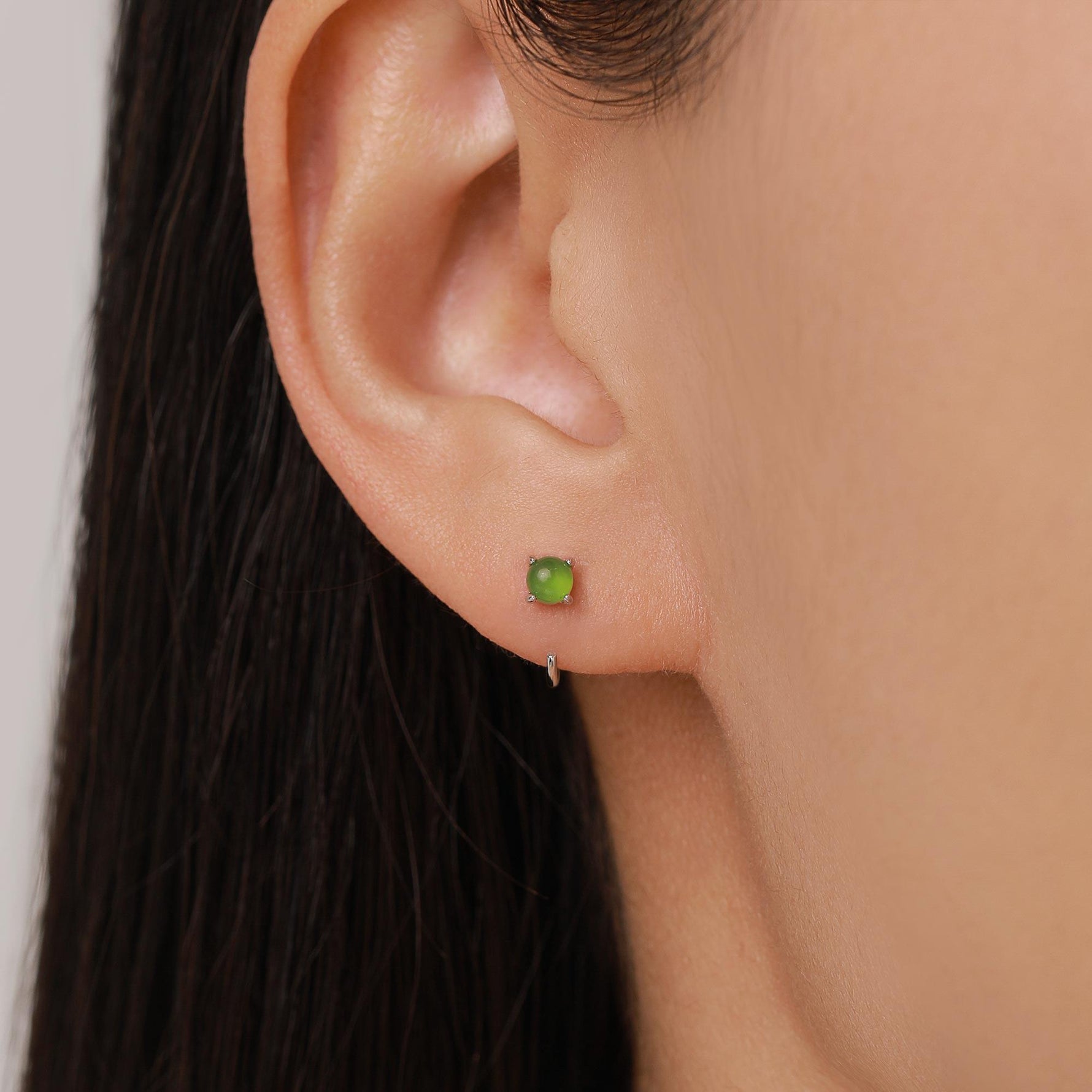 Genuine Jade Crystal Huggie Hoop Earrings in Sterling Silver, 4mm Natural Jade Open Hoops, Pull Through Threaders, Half Hoops, C Shape Hoops